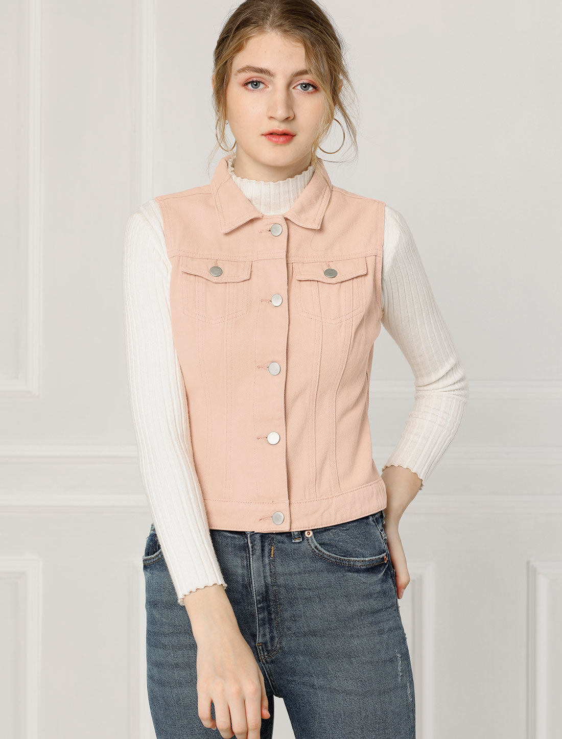 Buttoned Chest Flap Pocket Washed Denim Jacket Vest