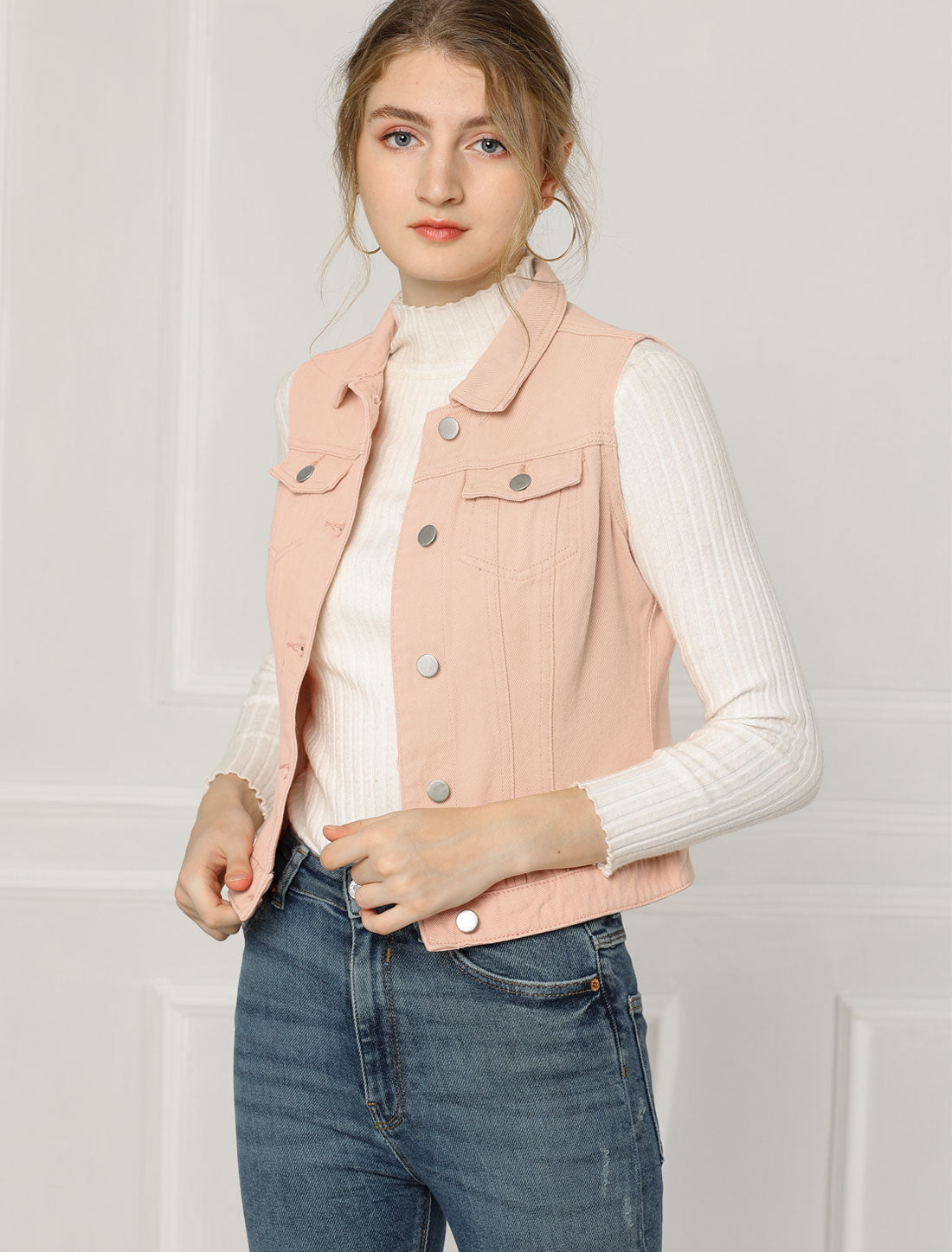 Buttoned Chest Flap Pocket Washed Denim Jacket Vest