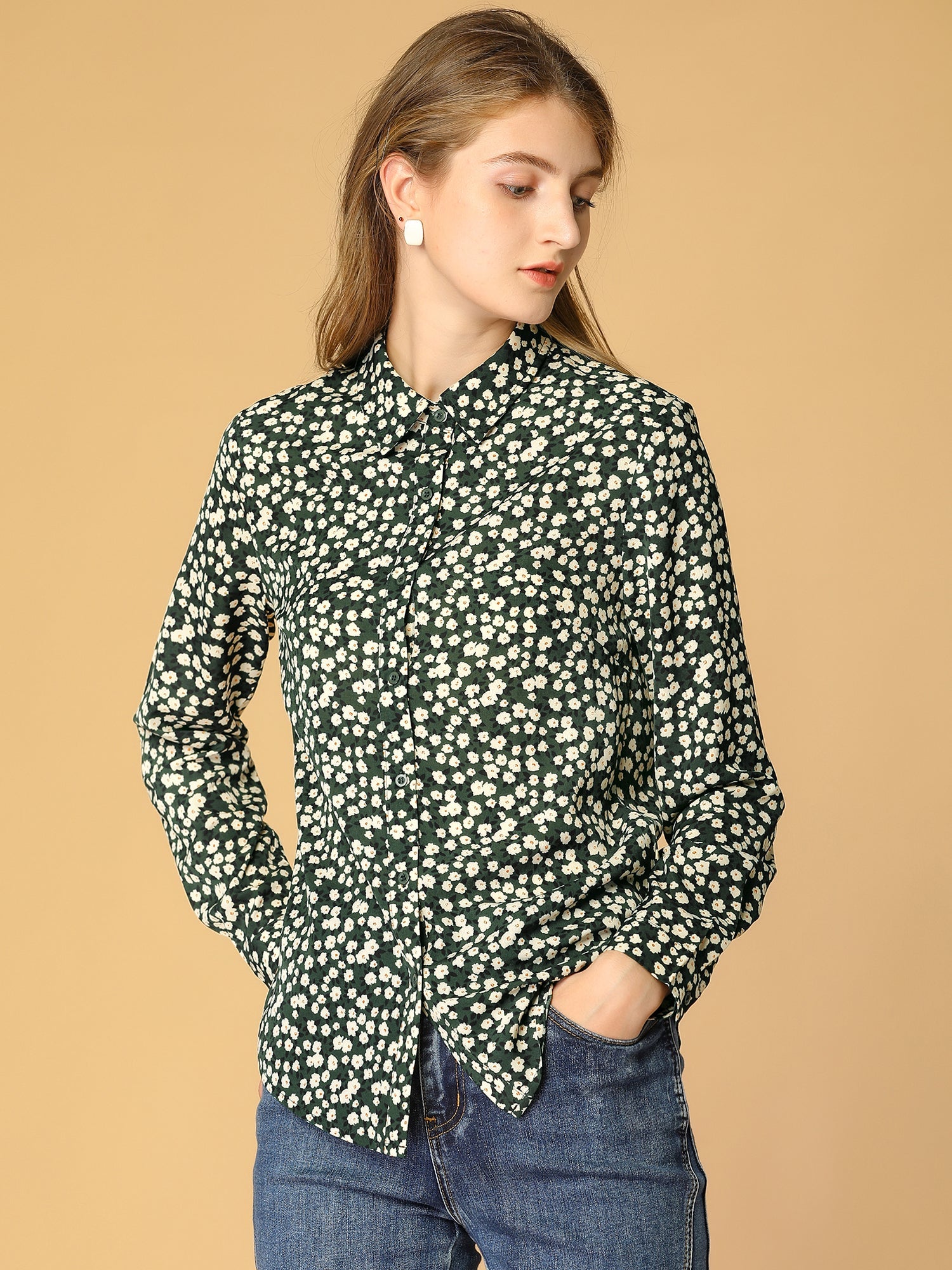 Button Down Floral Shirt Blouse Long Sleeve Point Collar Top