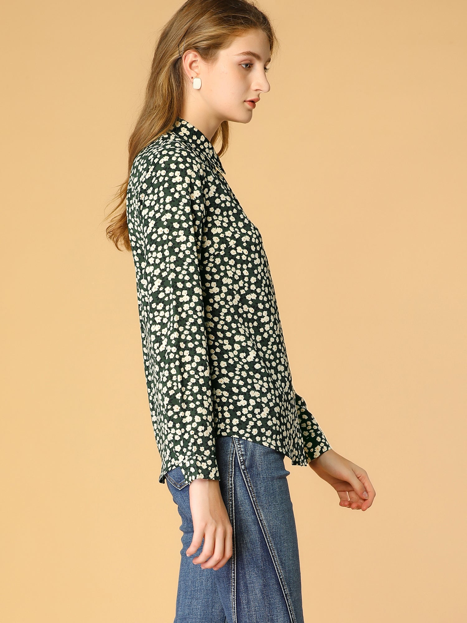 Button Down Floral Shirt Blouse Long Sleeve Point Collar Top
