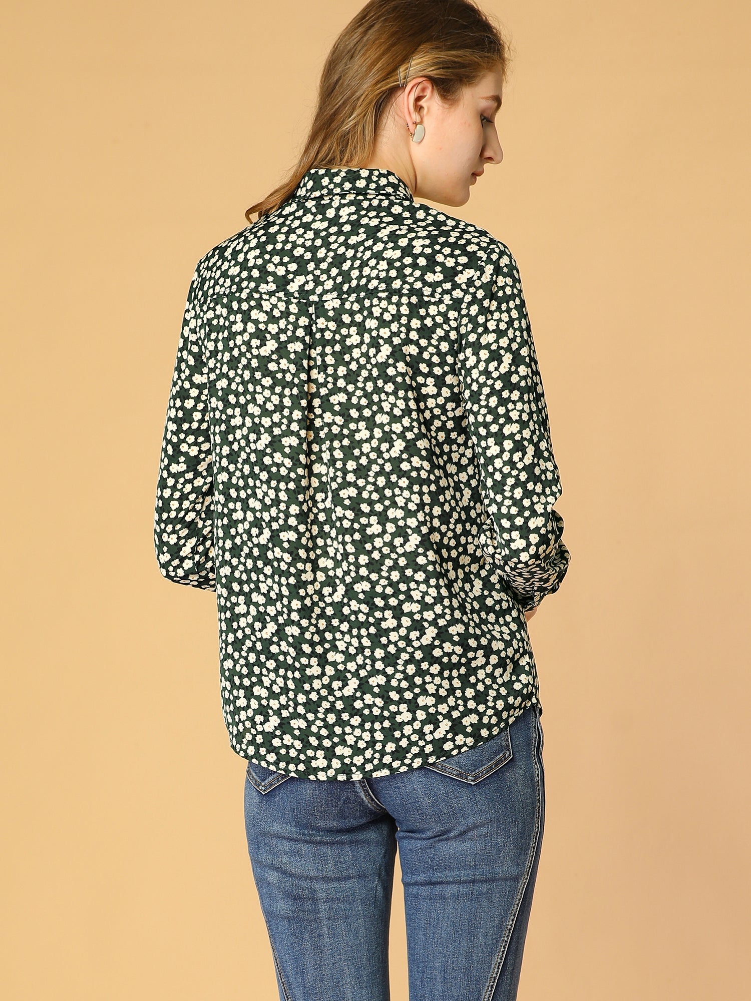 Button Down Floral Shirt Blouse Long Sleeve Point Collar Top