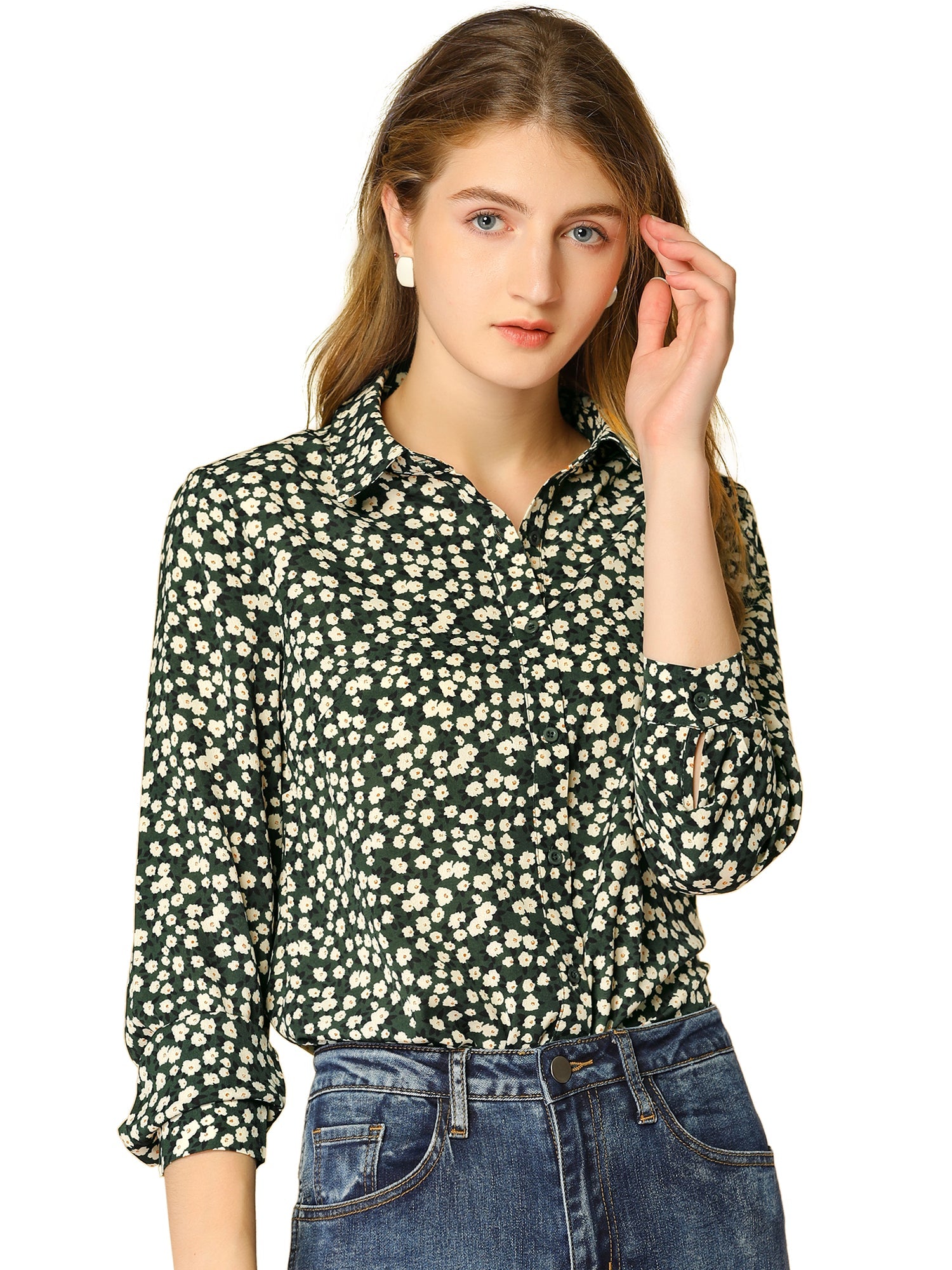 Button Down Floral Shirt Blouse Long Sleeve Point Collar Top