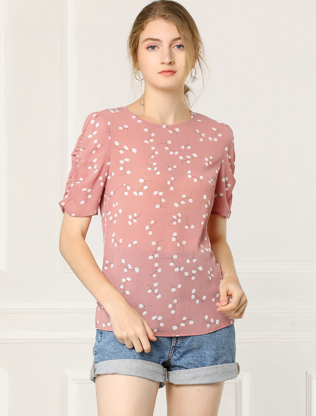 Floral Crew Neck Ruched Sleeve Casual Blouse