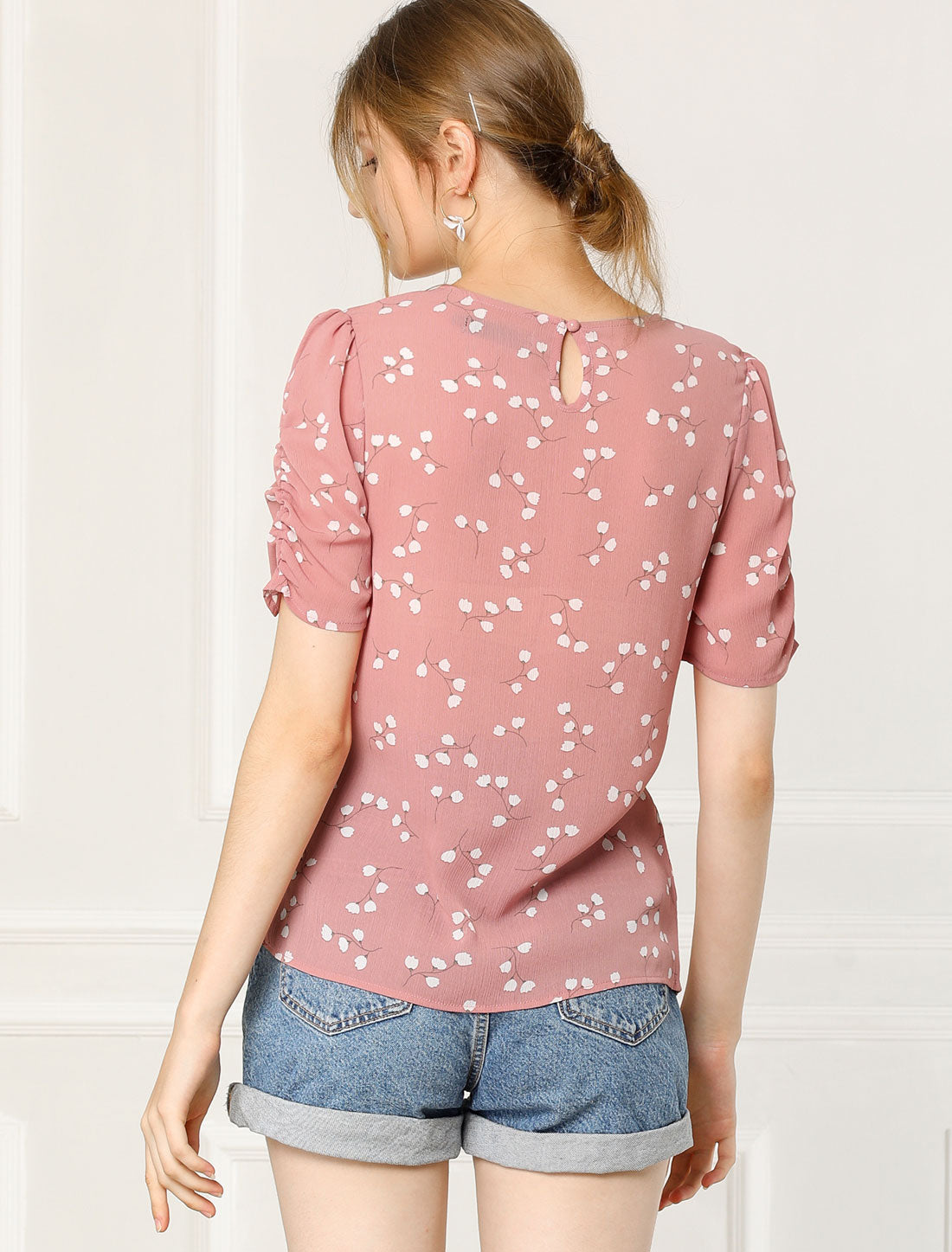 Floral Crew Neck Ruched Sleeve Casual Blouse