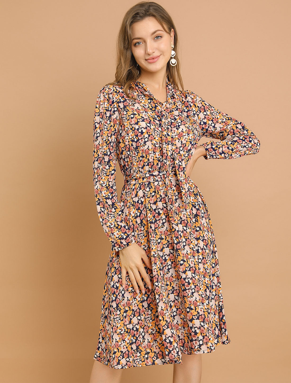 Tie Neck Chiffon Long Sleeve Belted Vintage Floral Dress