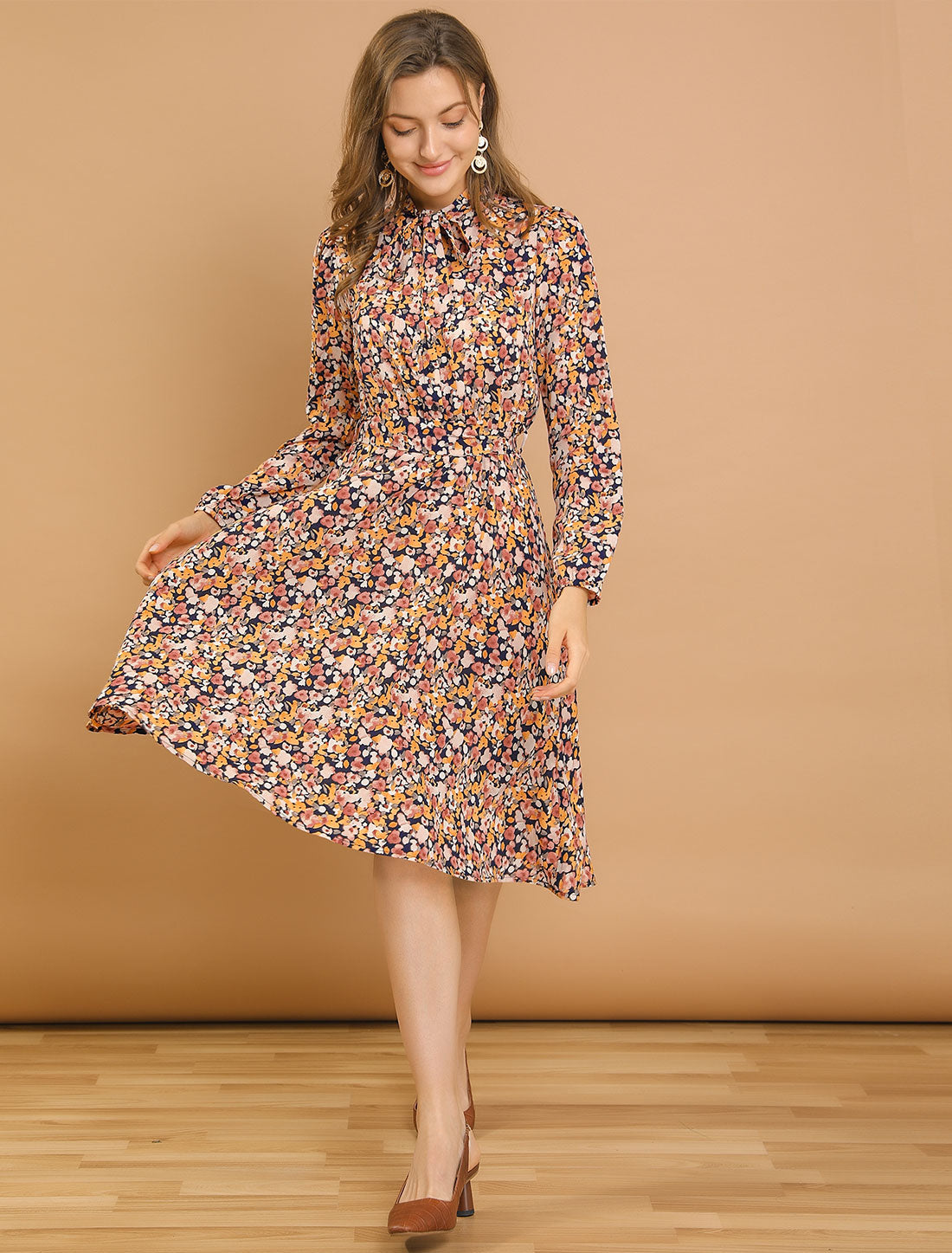 Tie Neck Chiffon Long Sleeve Belted Vintage Floral Dress