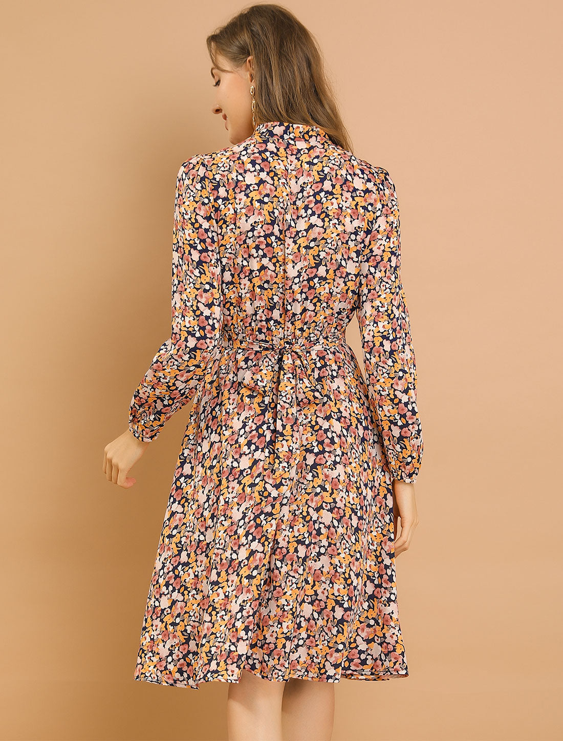 Tie Neck Chiffon Long Sleeve Belted Vintage Floral Dress