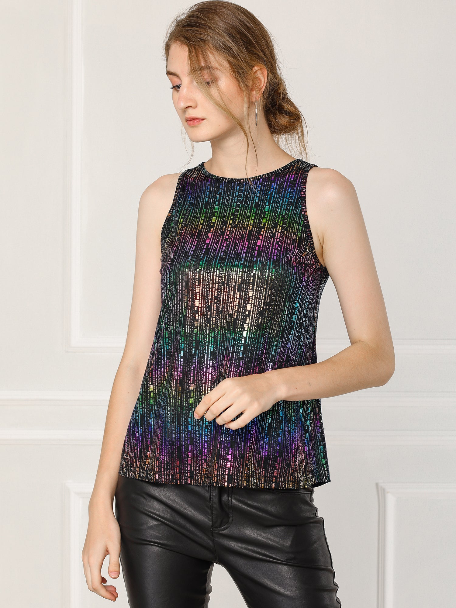 Shiny Sleeveless Camisole Club Shimmer Metallic Tank Top
