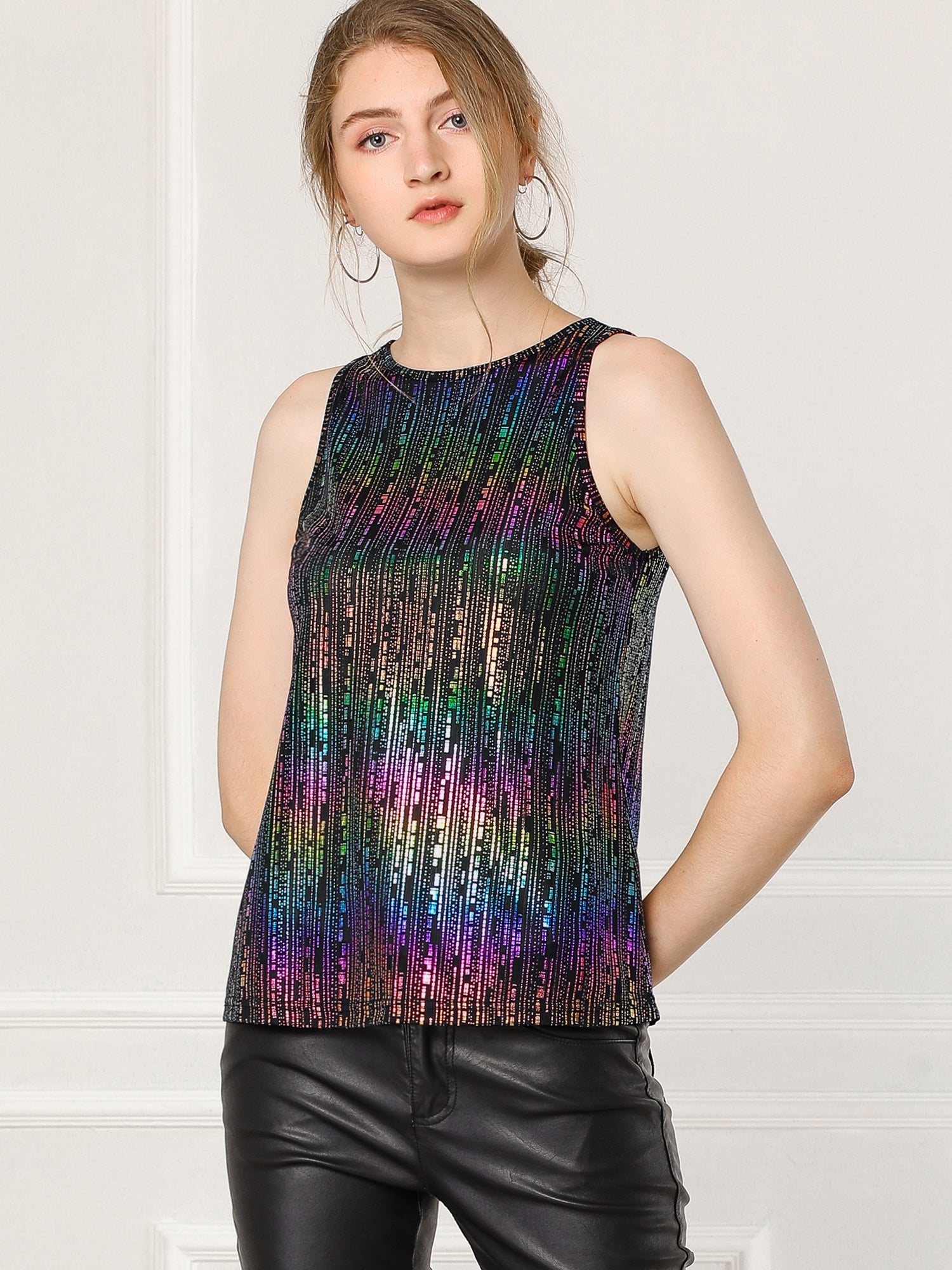 Shiny Sleeveless Camisole Club Shimmer Metallic Tank Top