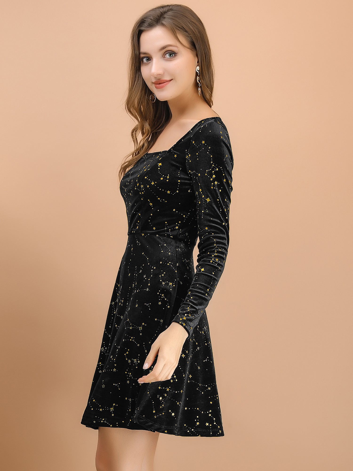 Christmas Stars Square Neck Vintage Velvet Mini Dress