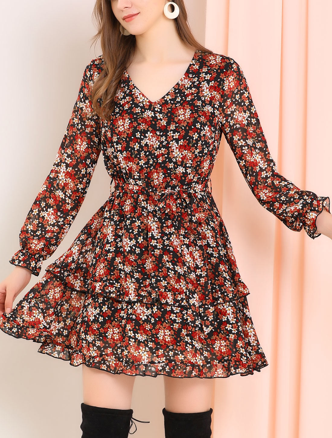 Long Sleeve V Neck Elastic Waist Ruffle Hem Chiffon Floral Dress