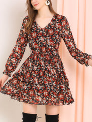 Long Sleeve V Neck Elastic Waist Ruffle Hem Chiffon Floral Dress