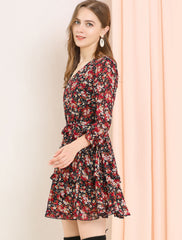 Long Sleeve V Neck Elastic Waist Ruffle Hem Chiffon Floral Dress