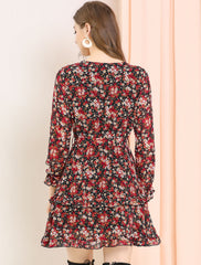 Long Sleeve V Neck Elastic Waist Ruffle Hem Chiffon Floral Dress