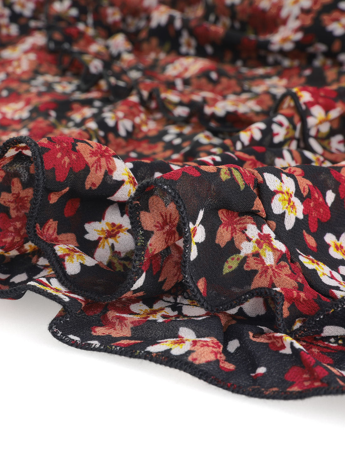 Long Sleeve V Neck Elastic Waist Ruffle Hem Chiffon Floral Dress