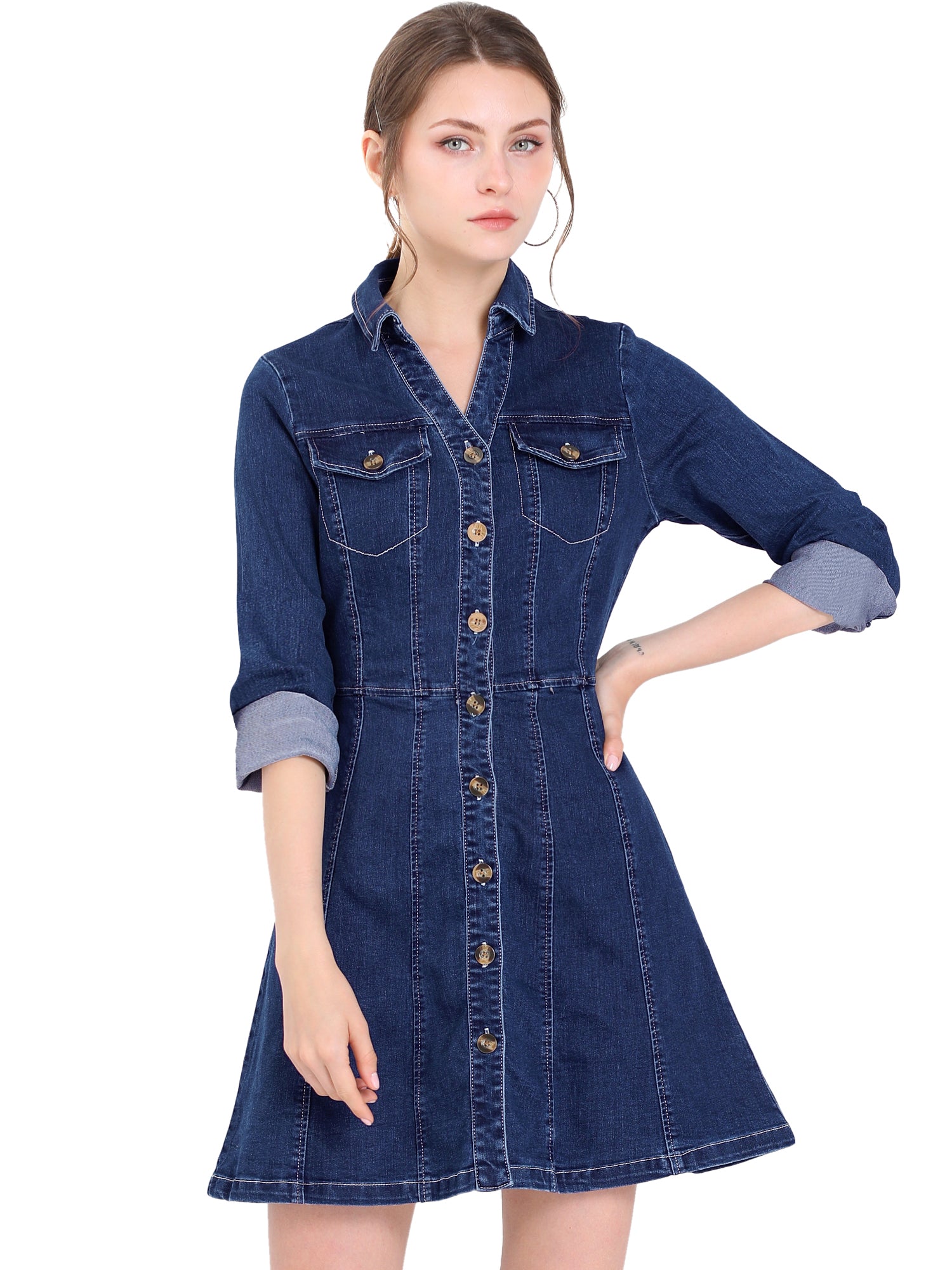 Button Down Collar V Neck Long Sleeve A-line Jean Denim Dress