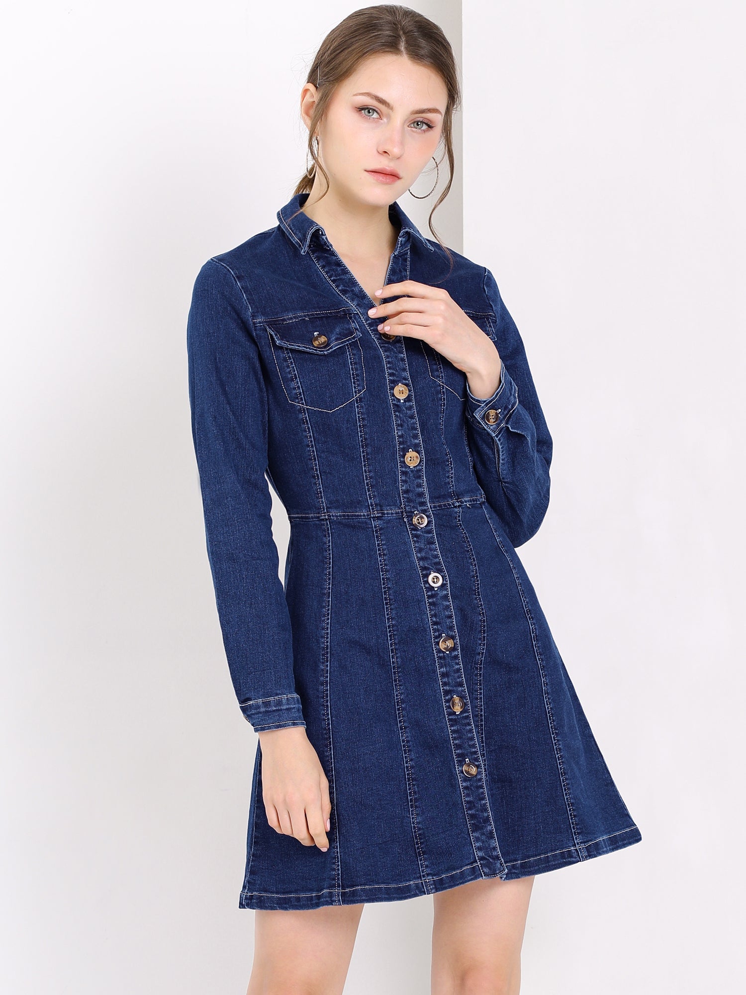 Button Down Collar V Neck Long Sleeve A-line Jean Denim Dress