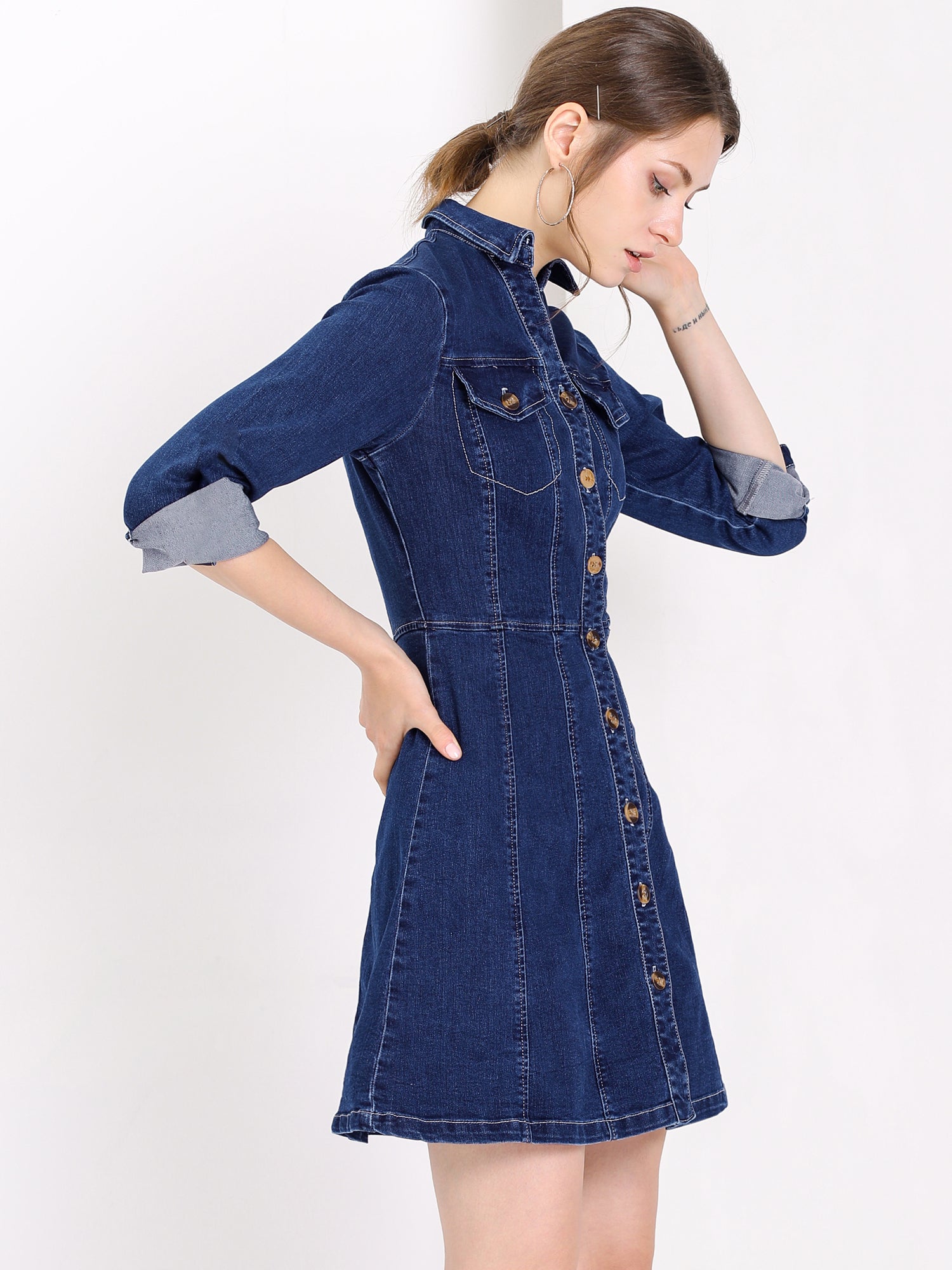 Button Down Collar V Neck Long Sleeve A-line Jean Denim Dress