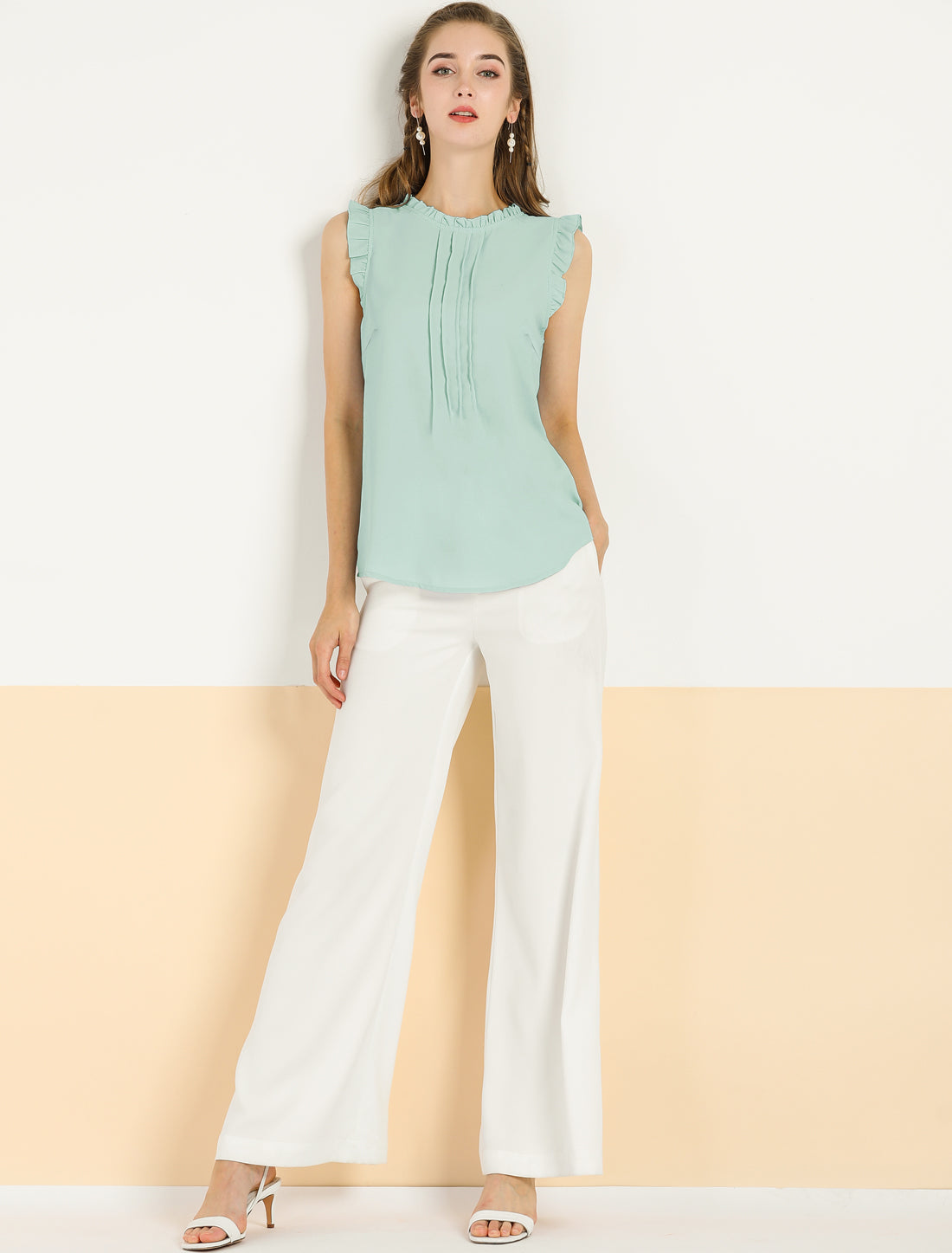 Business Office 1950s Ruffled Retro Sleeveless Work Blouses