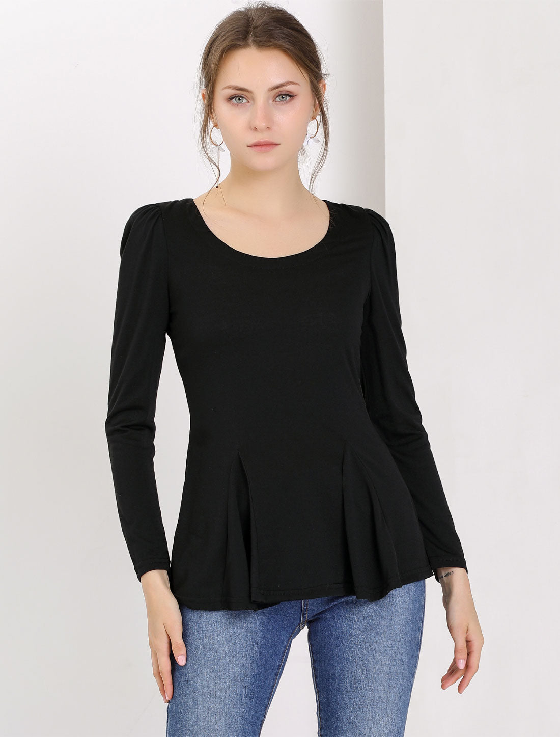 Long Sleeve Scoop Neck Casual Peplum Blouse