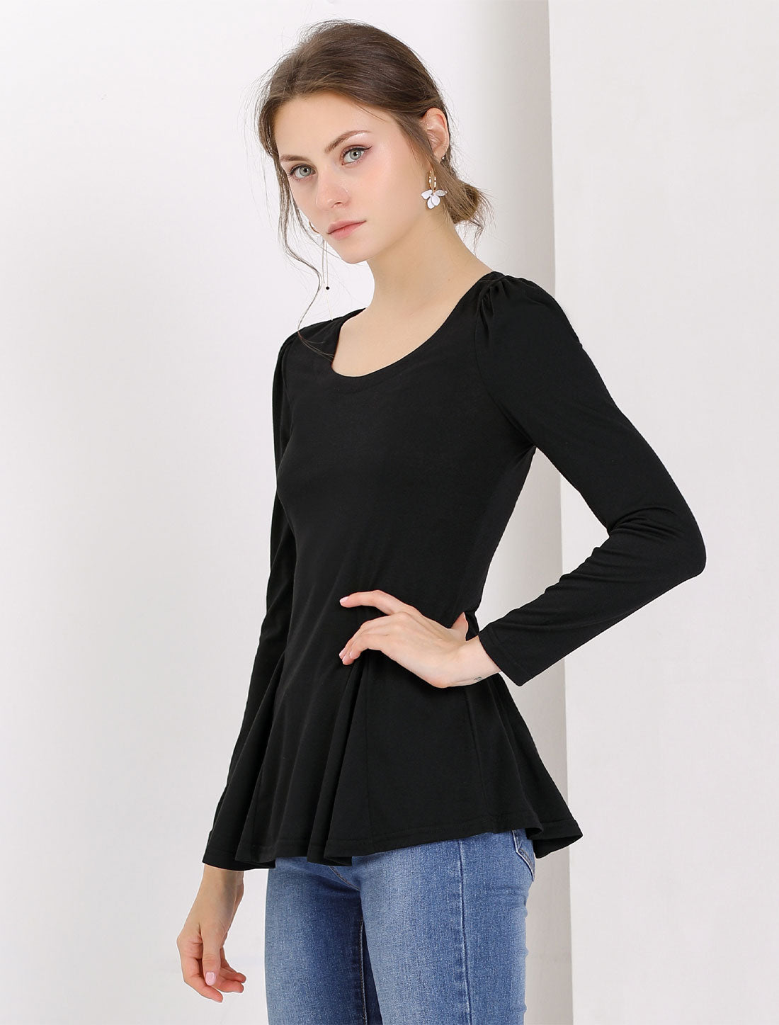 Long Sleeve Scoop Neck Casual Peplum Blouse