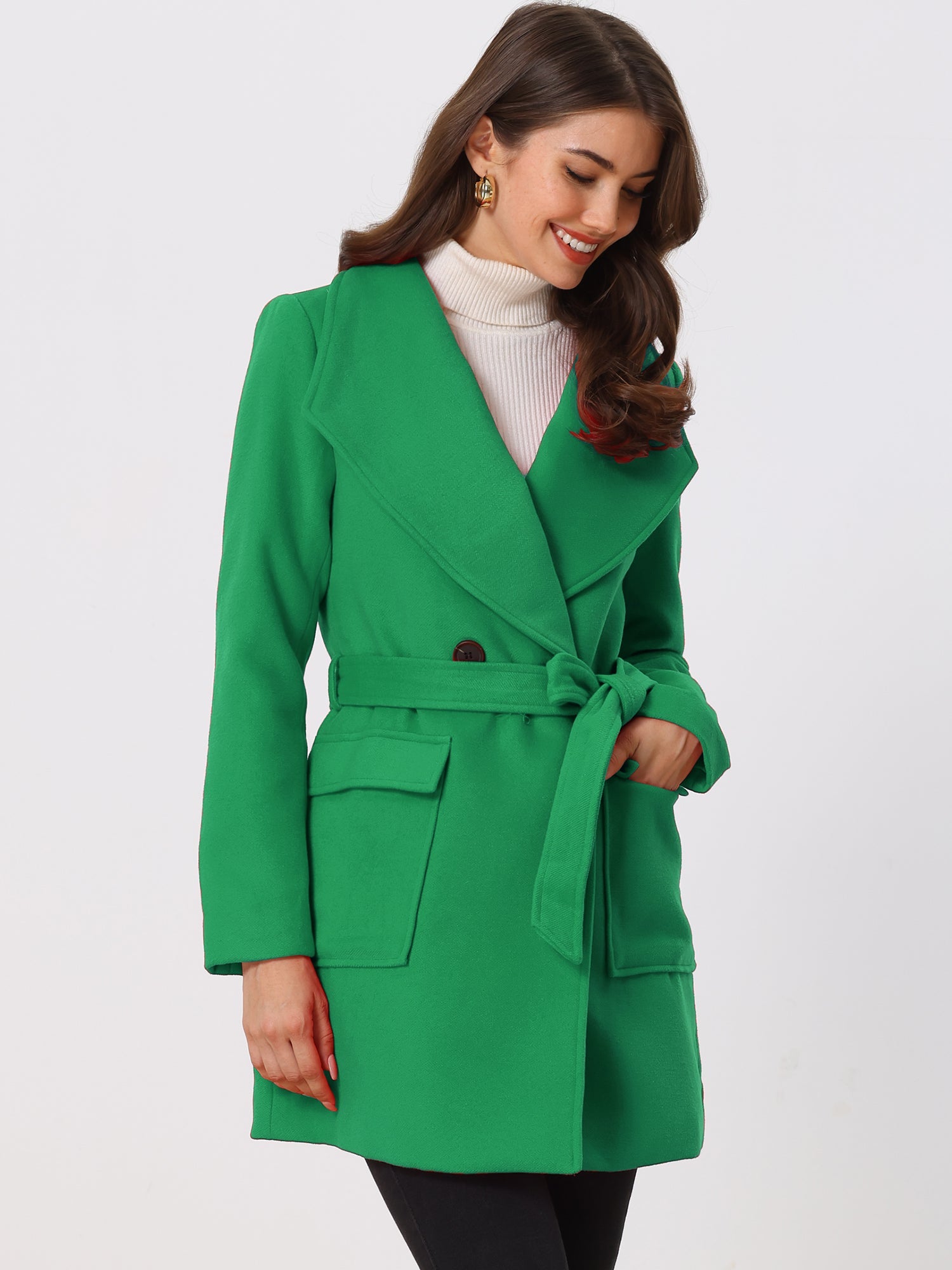 Shawl Collar Lapel Double Breasted Winter Belted Coat with Pockets