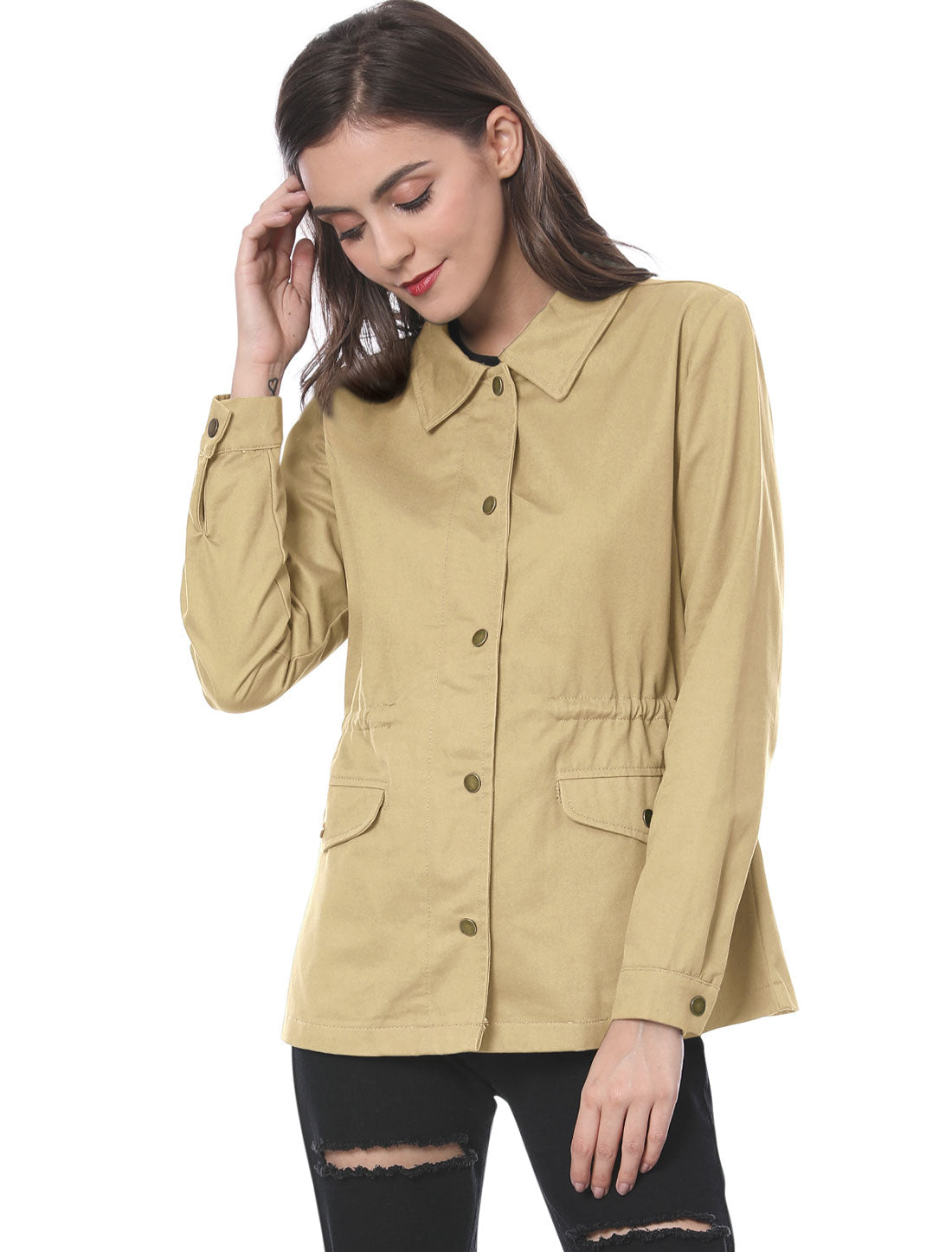Drawstring Waist Flap Pocket Lightweight Utility Safari Jacket