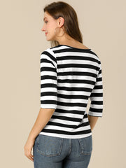 Striped 3/4 Sleeve Round Neck Casual T-Shirt