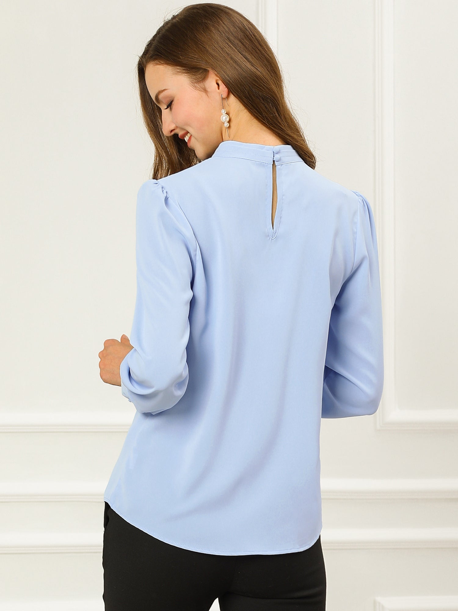 Keyhole Elegant Stand Collar Long Sleeve Chiffon Office Blouse