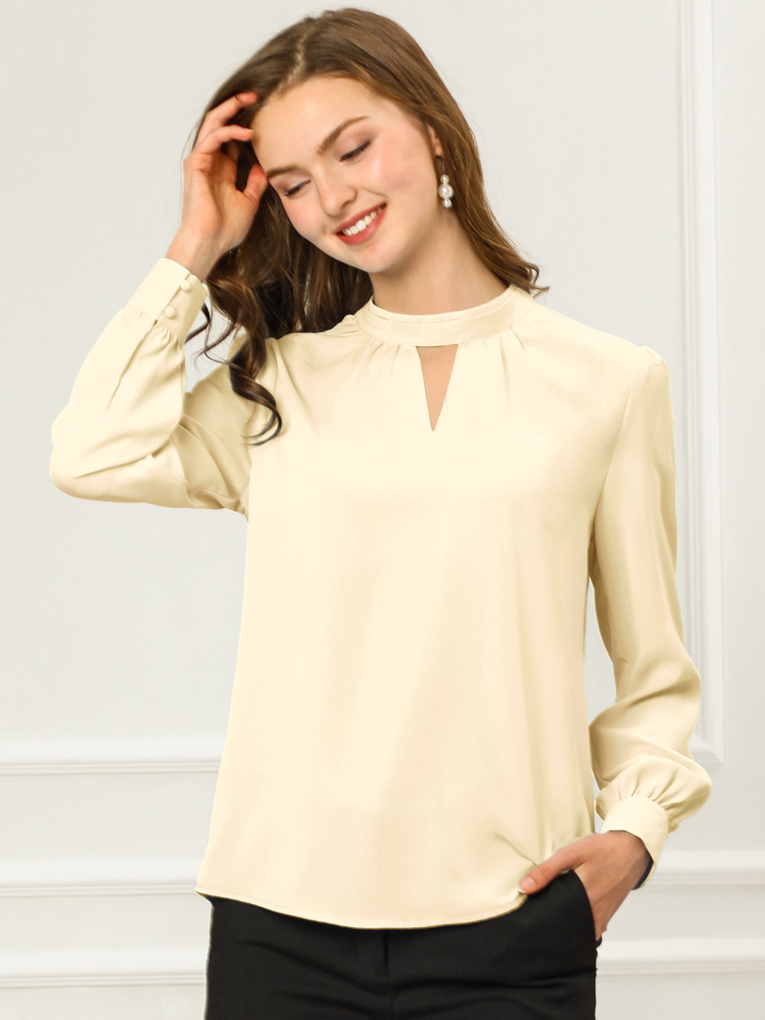 Keyhole Elegant Stand Collar Long Sleeve Chiffon Office Blouse
