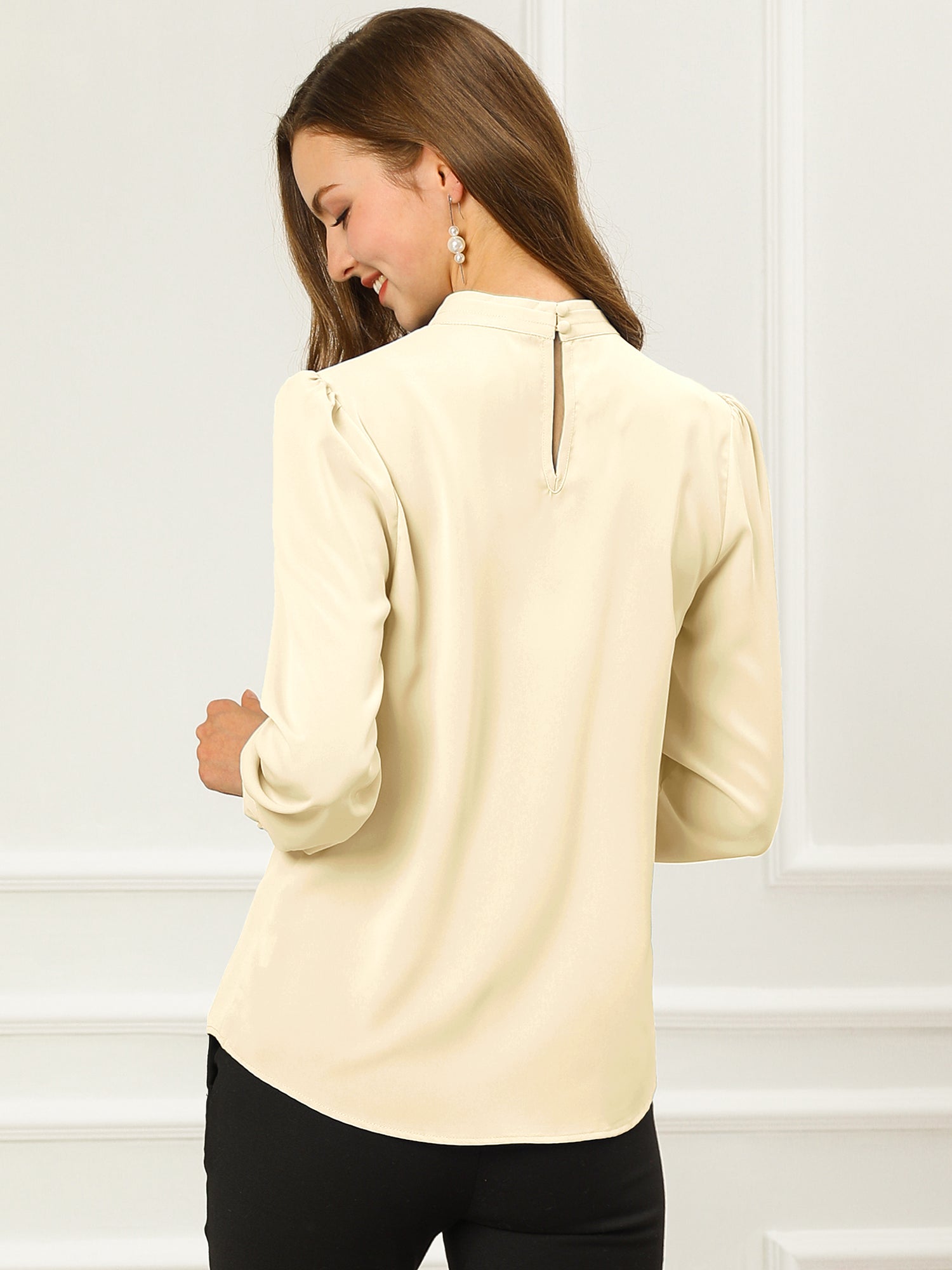 Keyhole Elegant Stand Collar Long Sleeve Chiffon Office Blouse