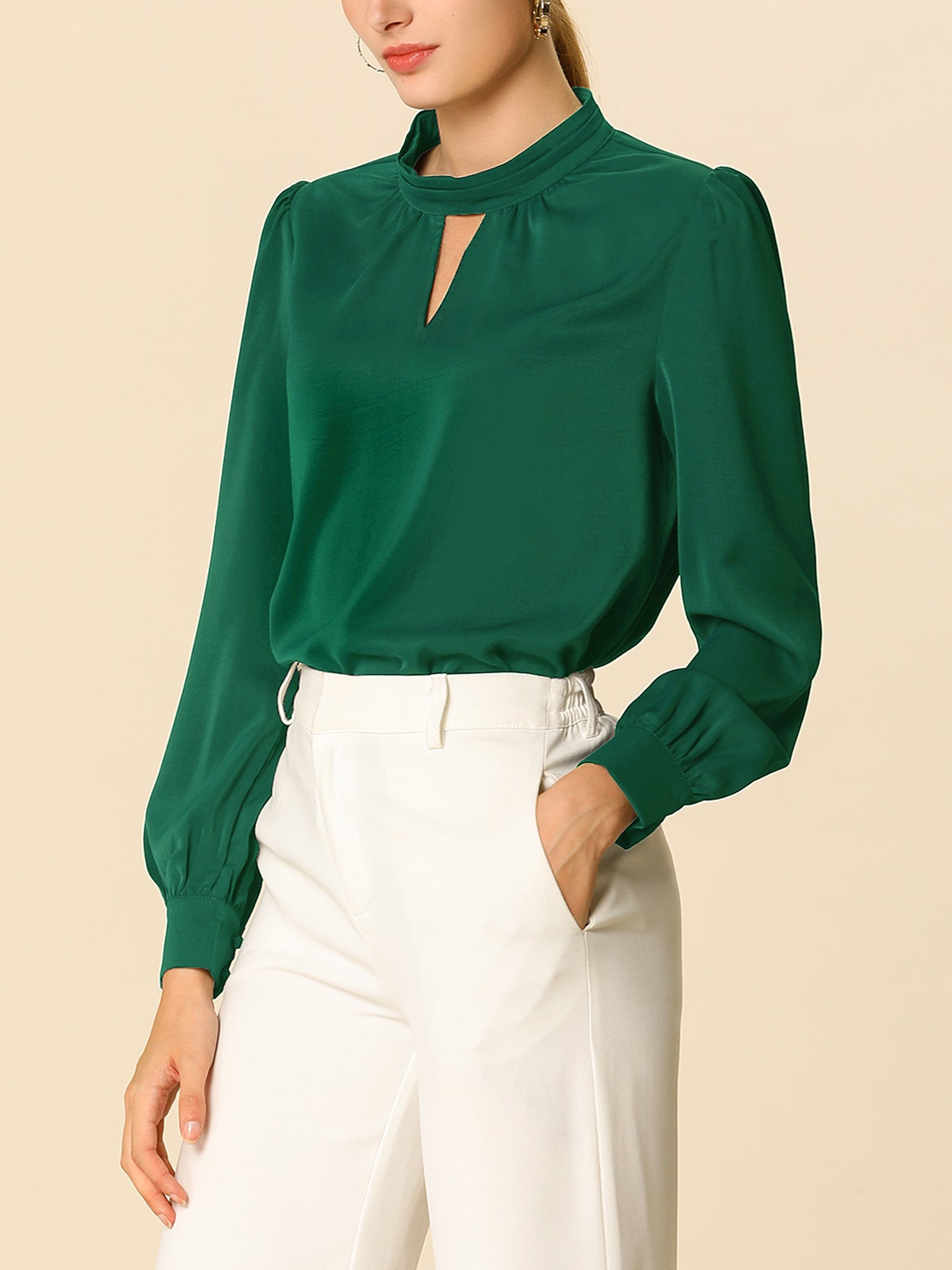 Keyhole Elegant Stand Collar Long Sleeve Chiffon Office Blouse