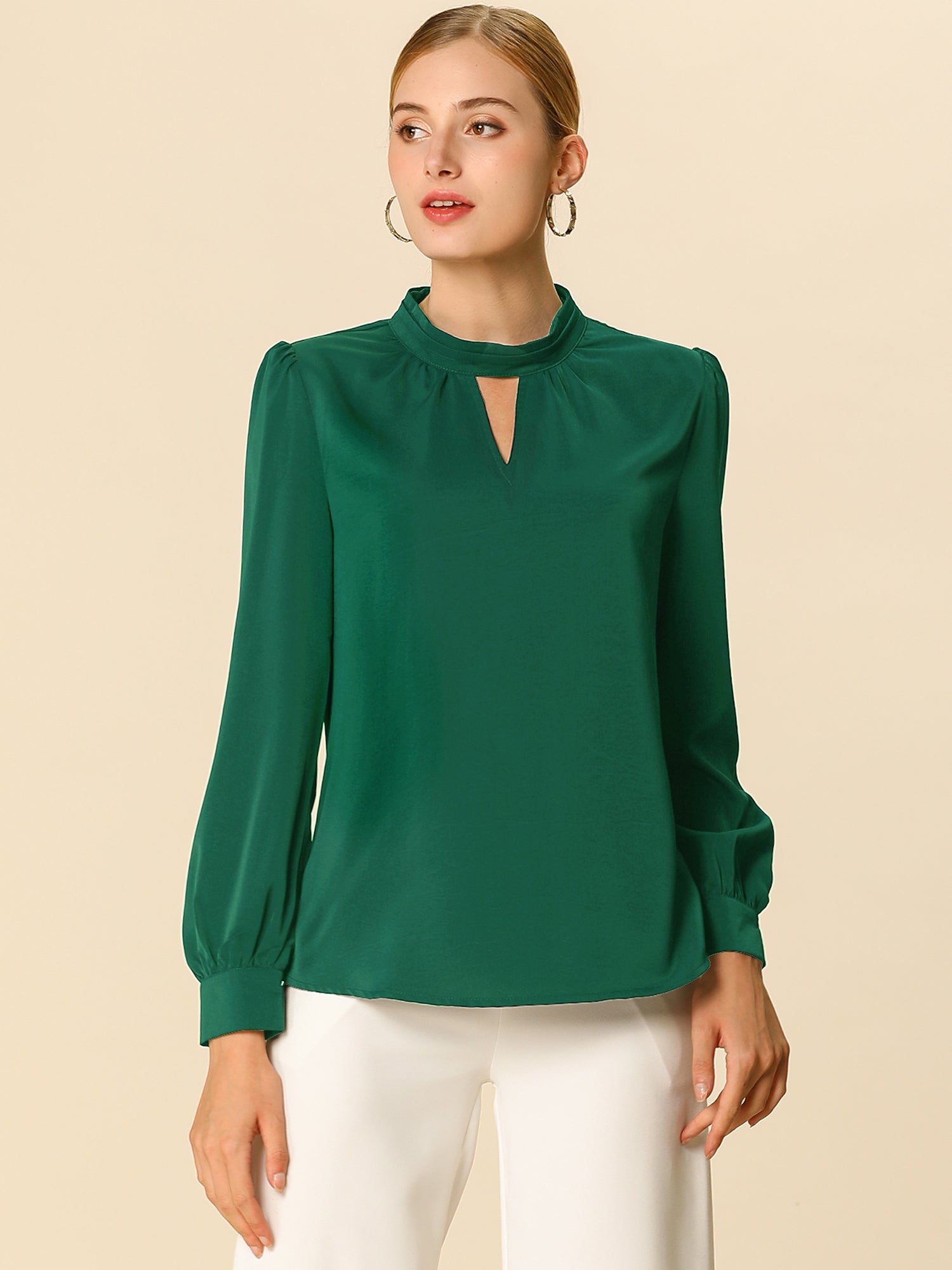 Keyhole Elegant Stand Collar Long Sleeve Chiffon Office Blouse