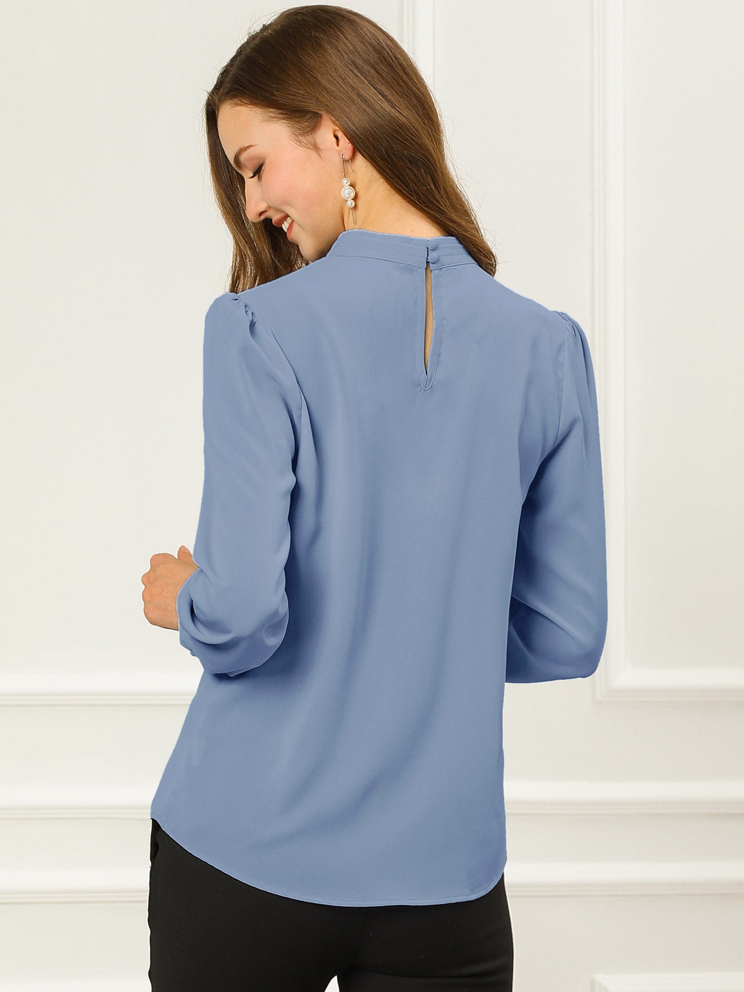 Keyhole Elegant Stand Collar Long Sleeve Chiffon Office Blouse