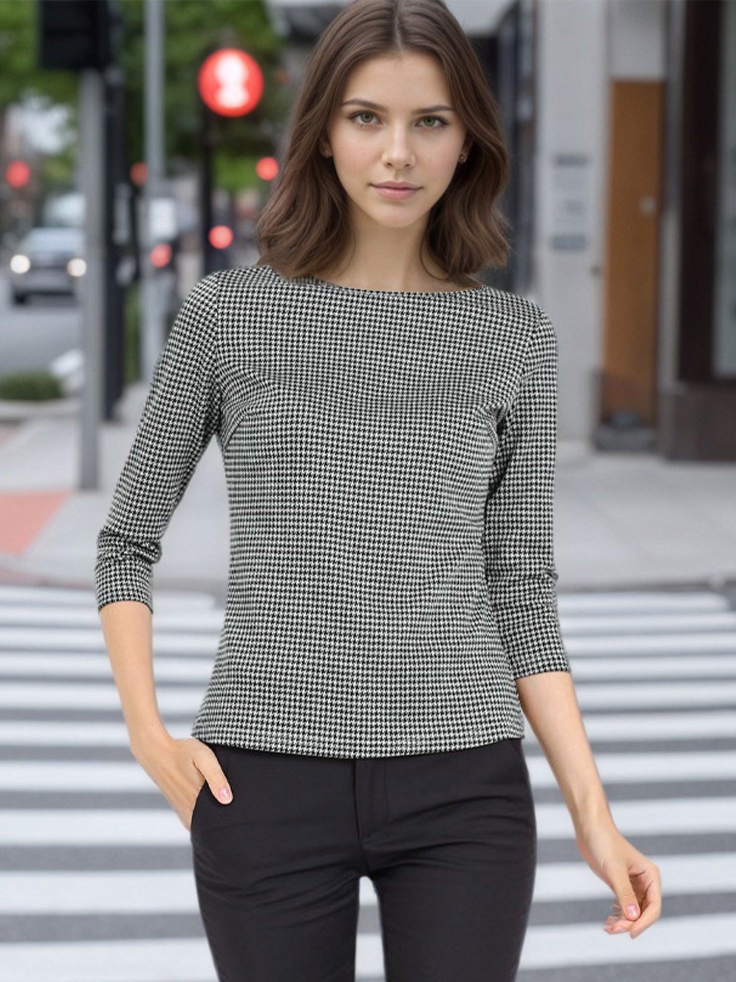 Work Office 3/4 Sleeve Boat Neck Houndstooth Printed Top Blouse