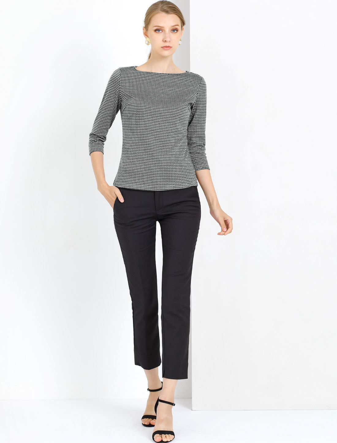 Work Office 3/4 Sleeve Boat Neck Houndstooth Printed Top Blouse