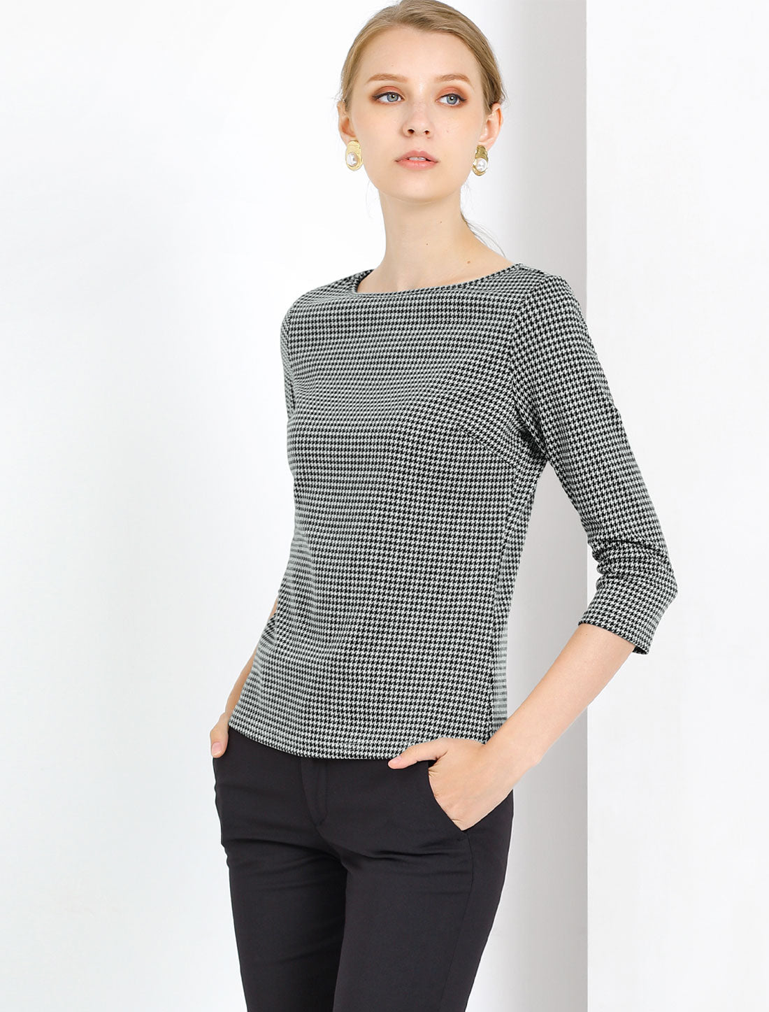 Work Office 3/4 Sleeve Boat Neck Houndstooth Printed Top Blouse