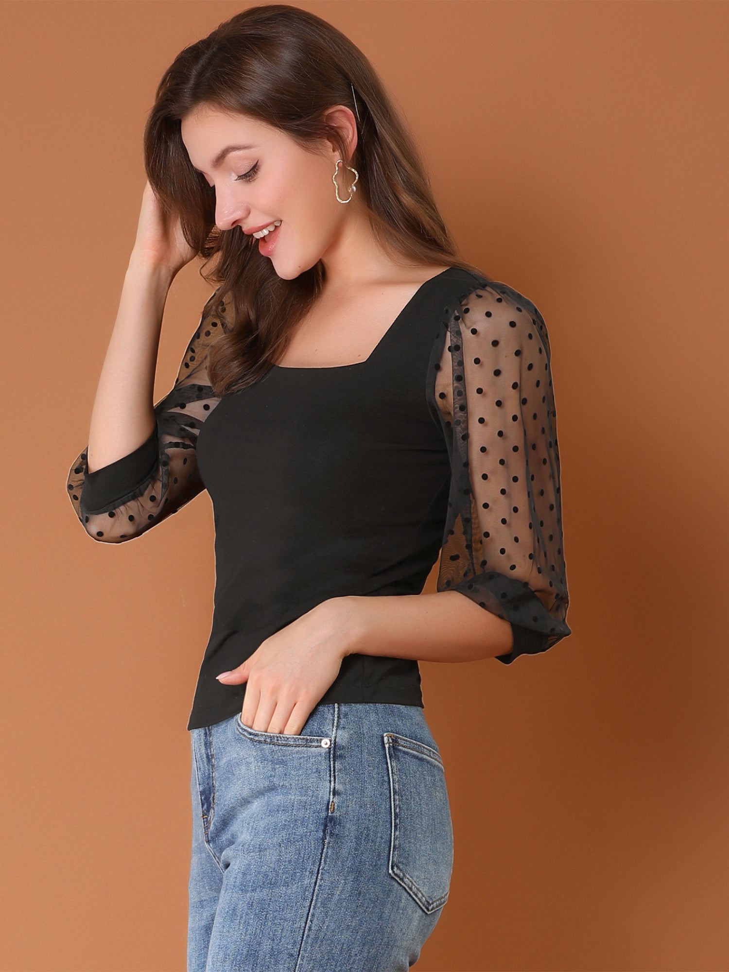 Retro Square Neck Tops Slim Fit Semi Sheer 3/4 Mesh Sleeve Top
