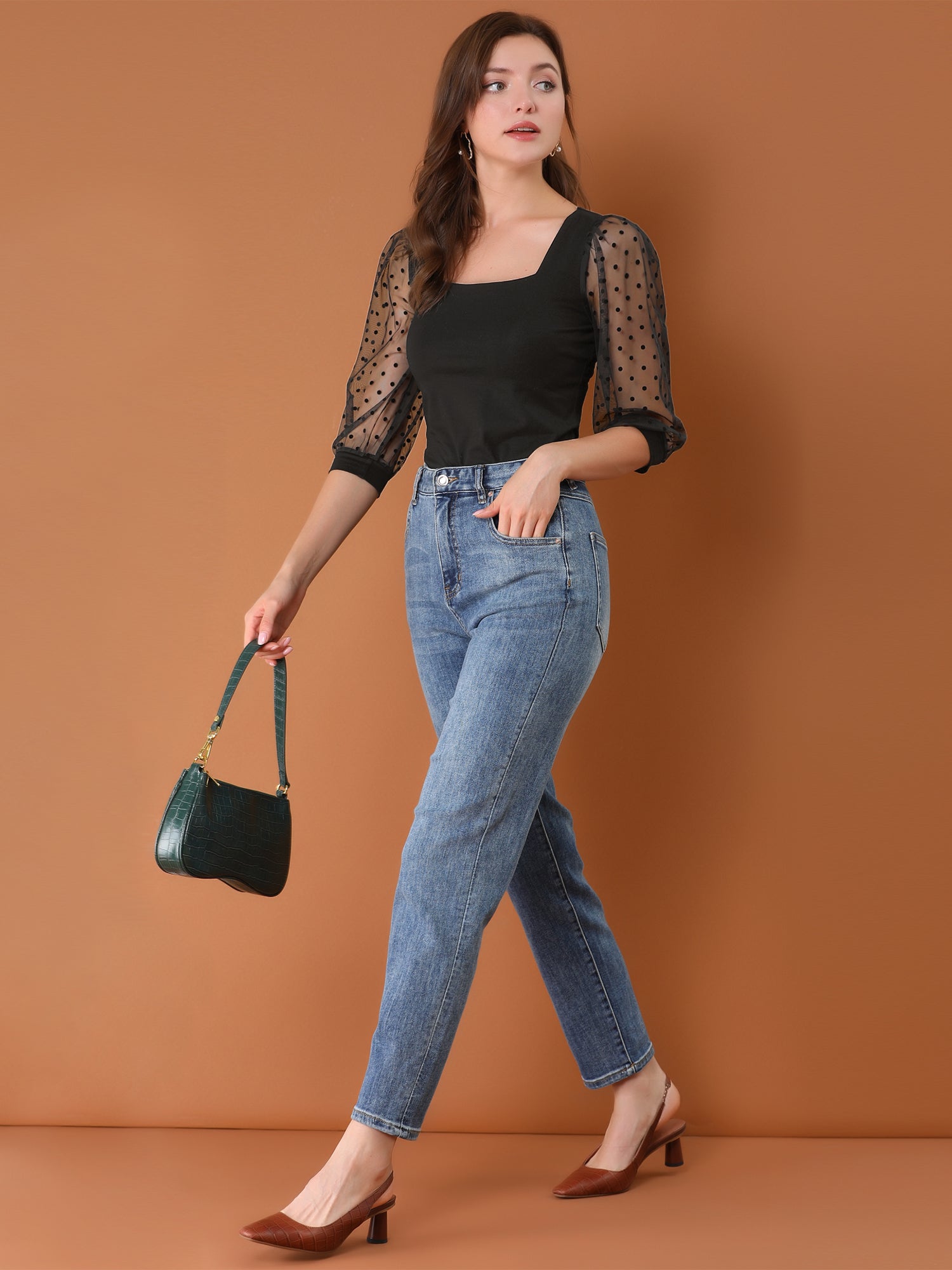 Retro Square Neck Tops Slim Fit Semi Sheer 3/4 Mesh Sleeve Top