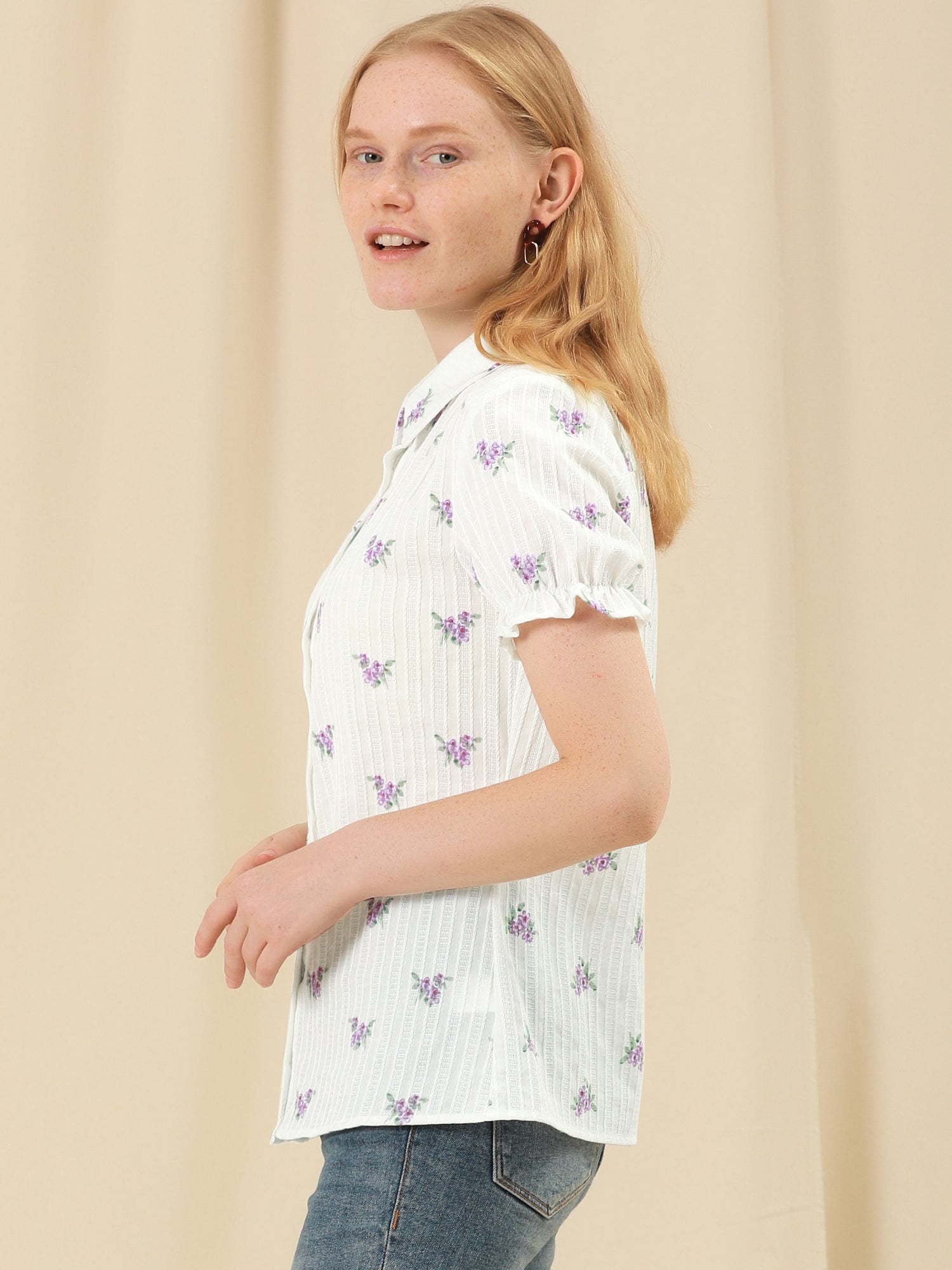 Floral Printed Peter Pan Collar Cotton Short Sleeve Shirt