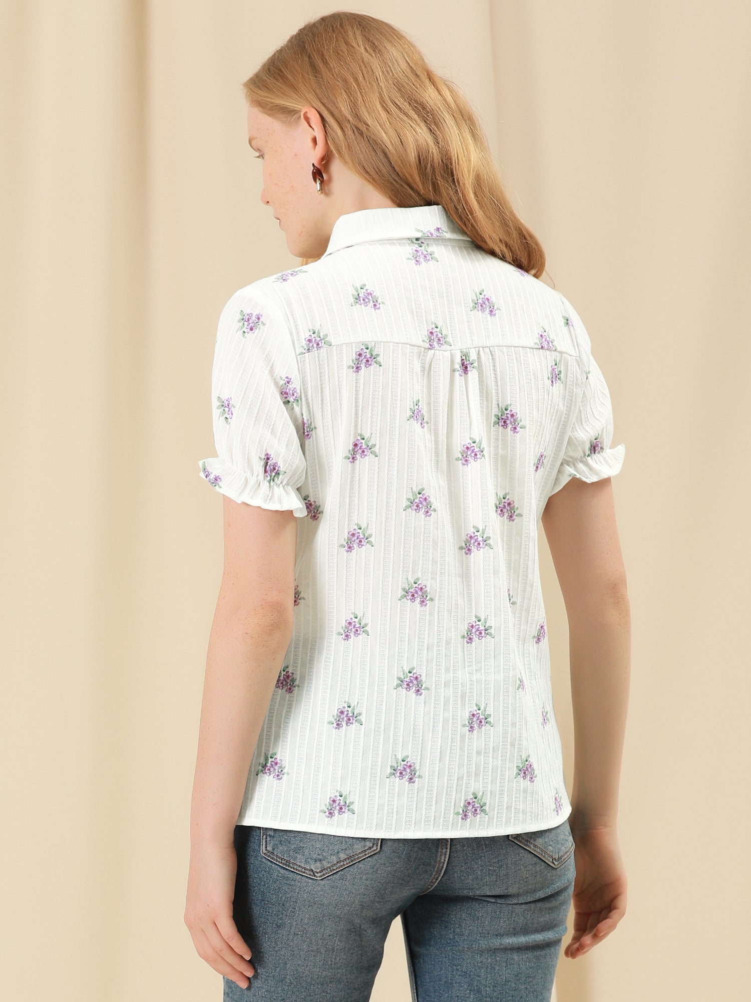 Floral Printed Peter Pan Collar Cotton Short Sleeve Shirt