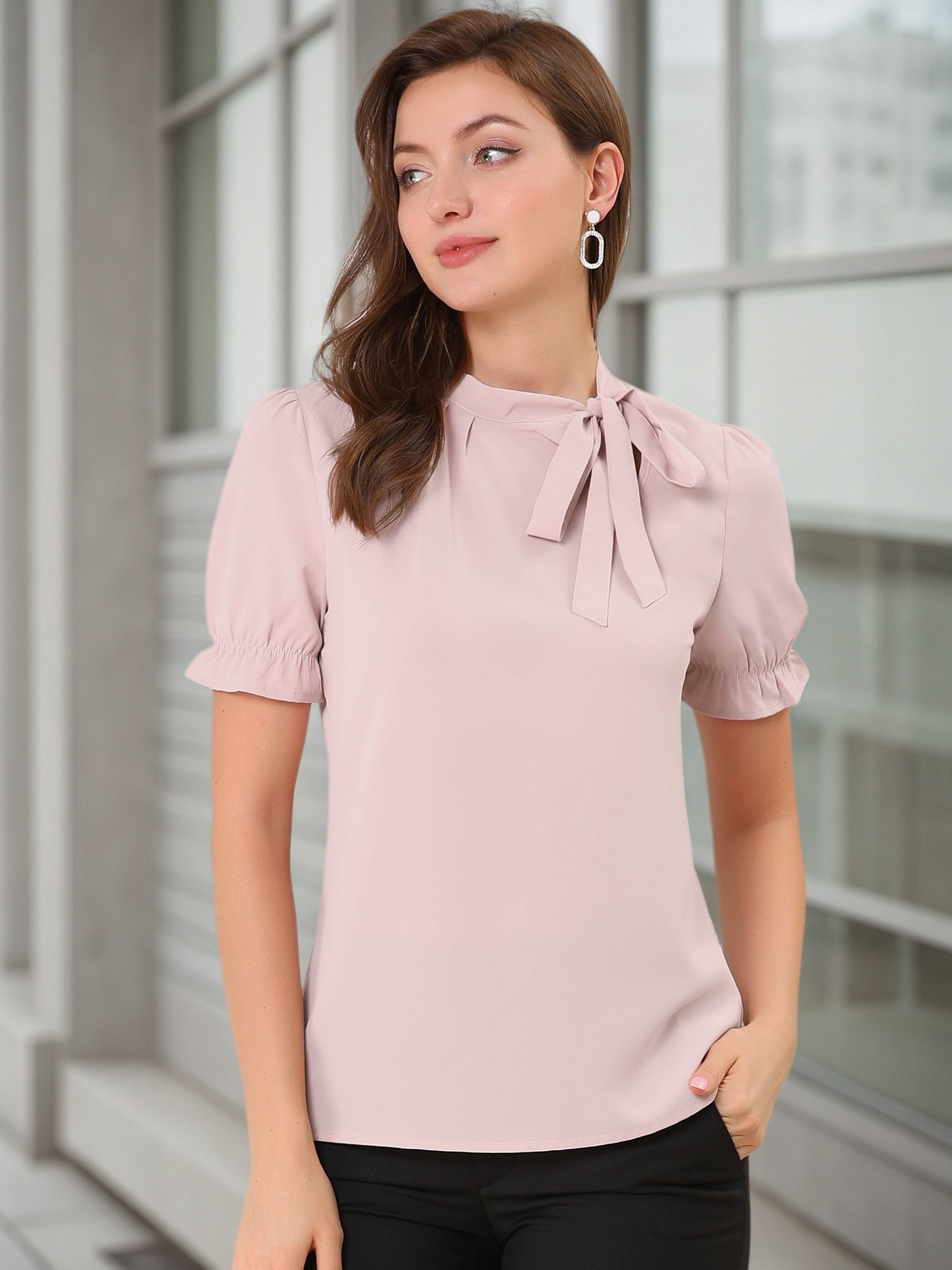 Bow Tie Neck Elegant Office Short Sleeve Blouse