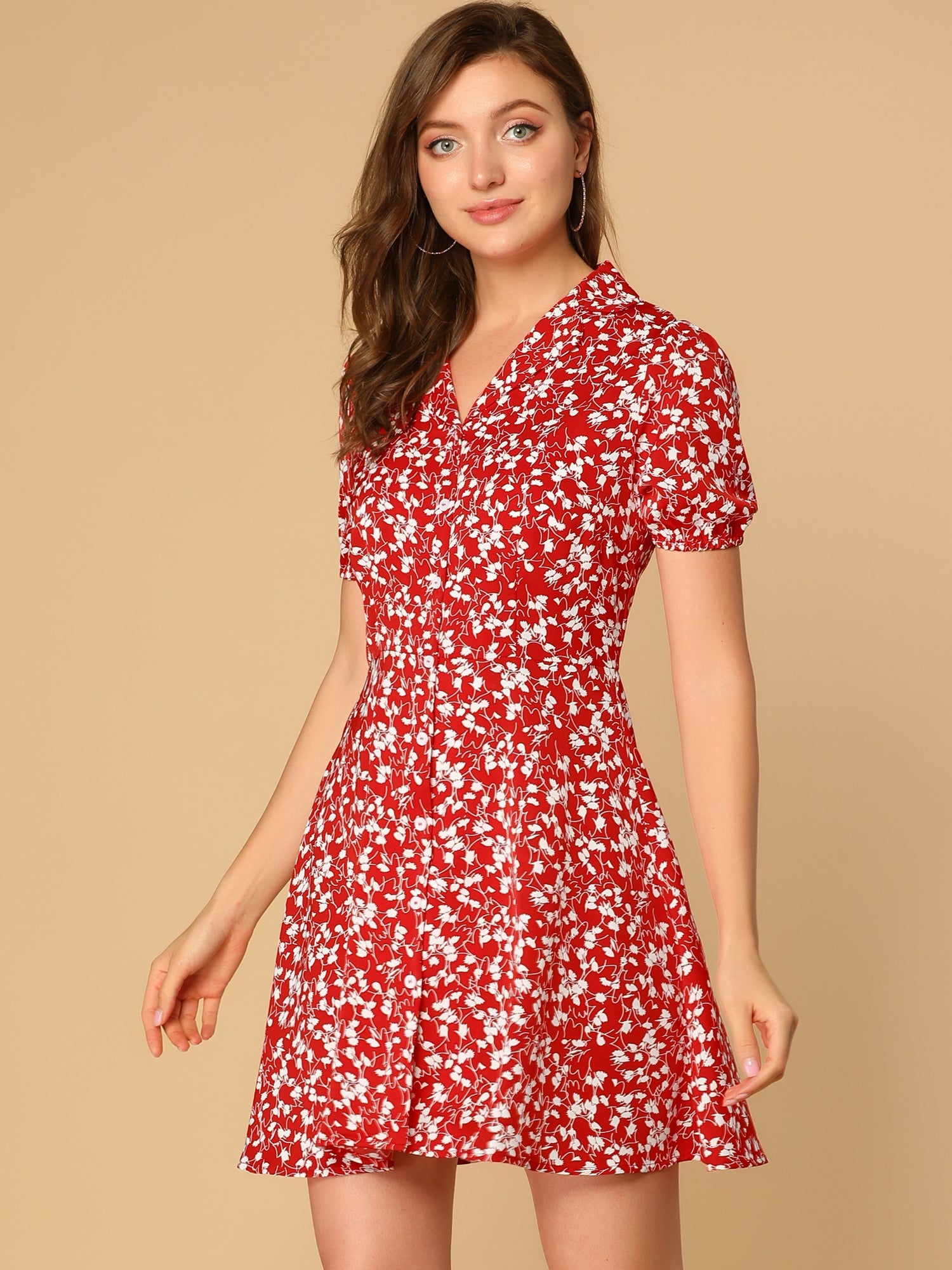 Button Up Short Sleeve A-Line Chiffon Vintage Floral Shirt Dress