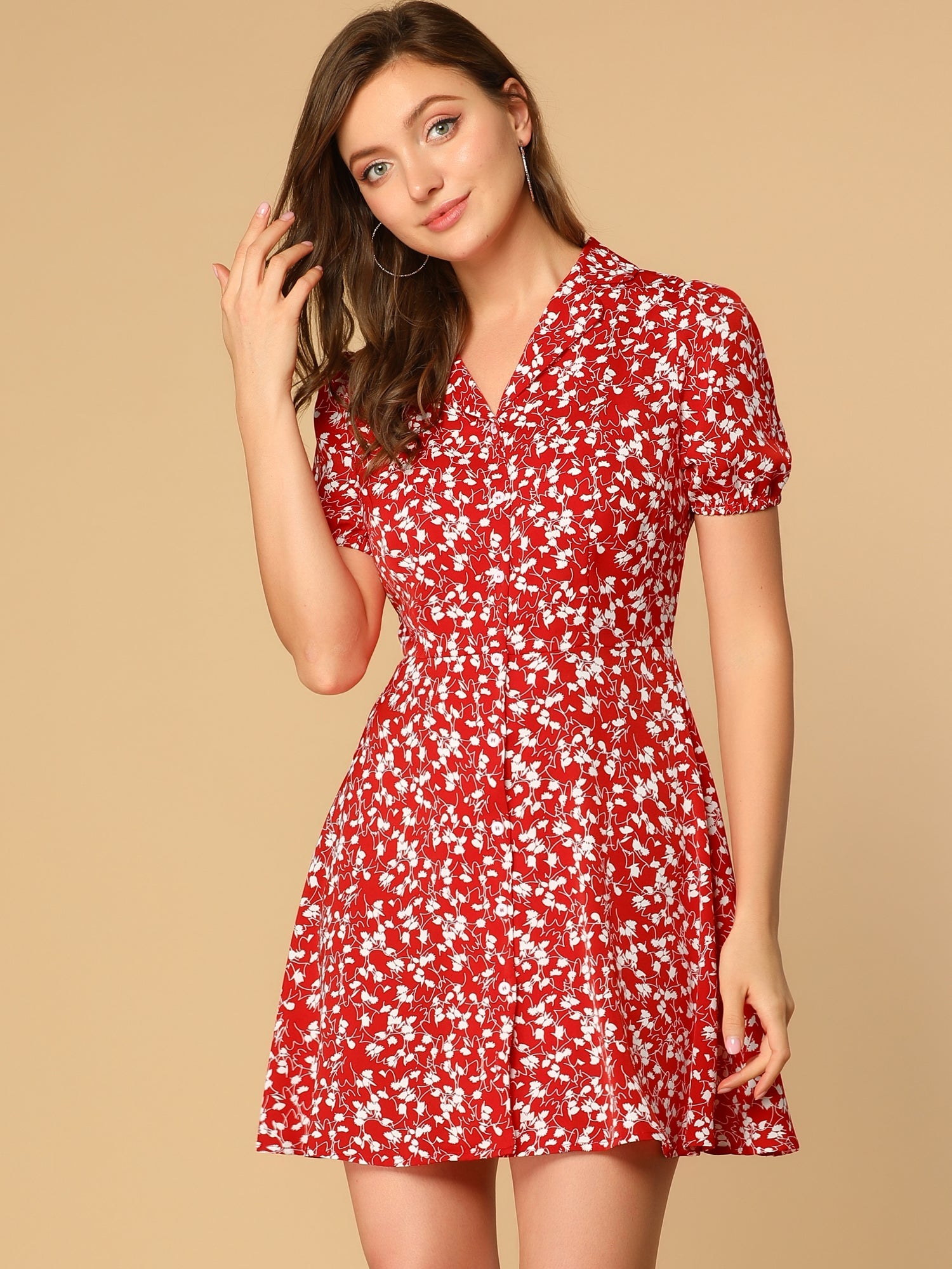 Button Up Short Sleeve A-Line Chiffon Vintage Floral Shirt Dress
