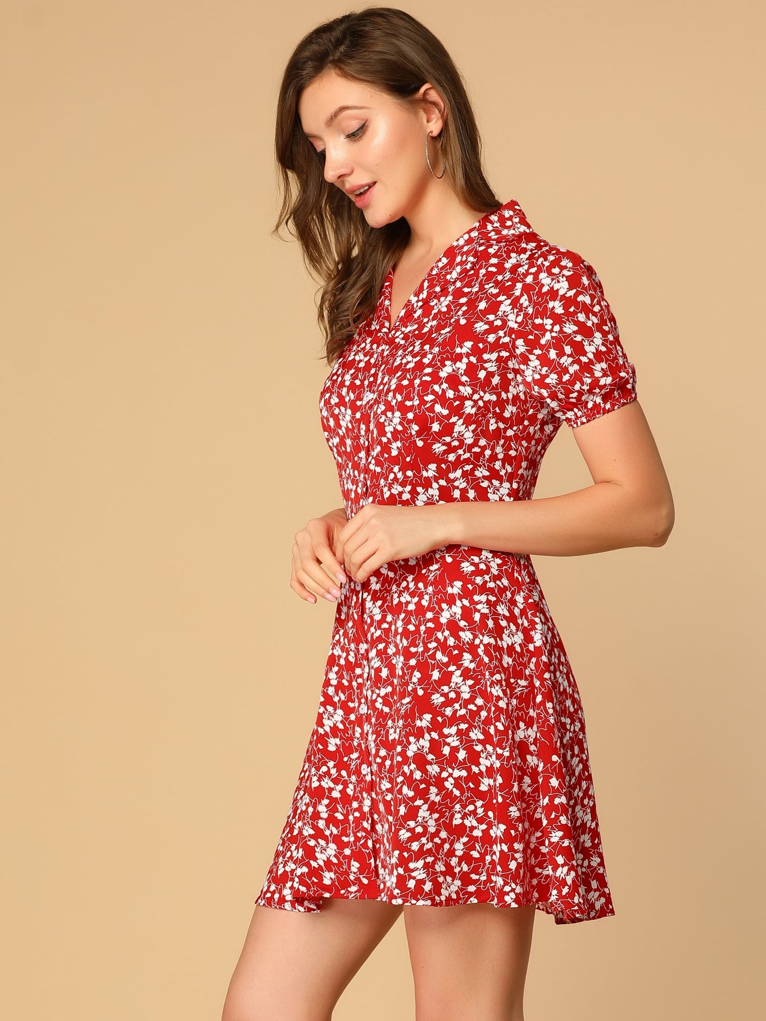 Button Up Short Sleeve A-Line Chiffon Vintage Floral Shirt Dress