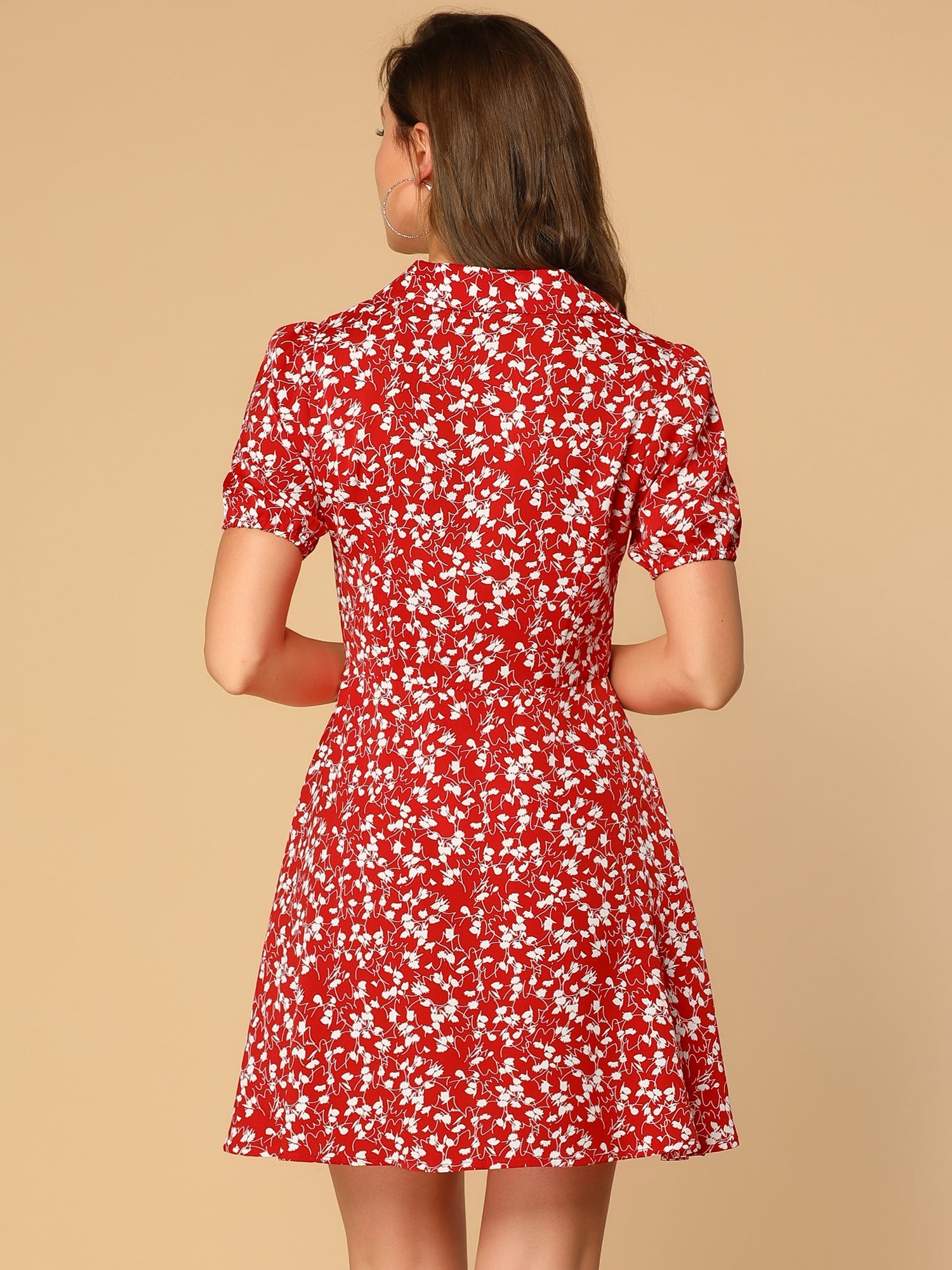Button Up Short Sleeve A-Line Chiffon Vintage Floral Shirt Dress