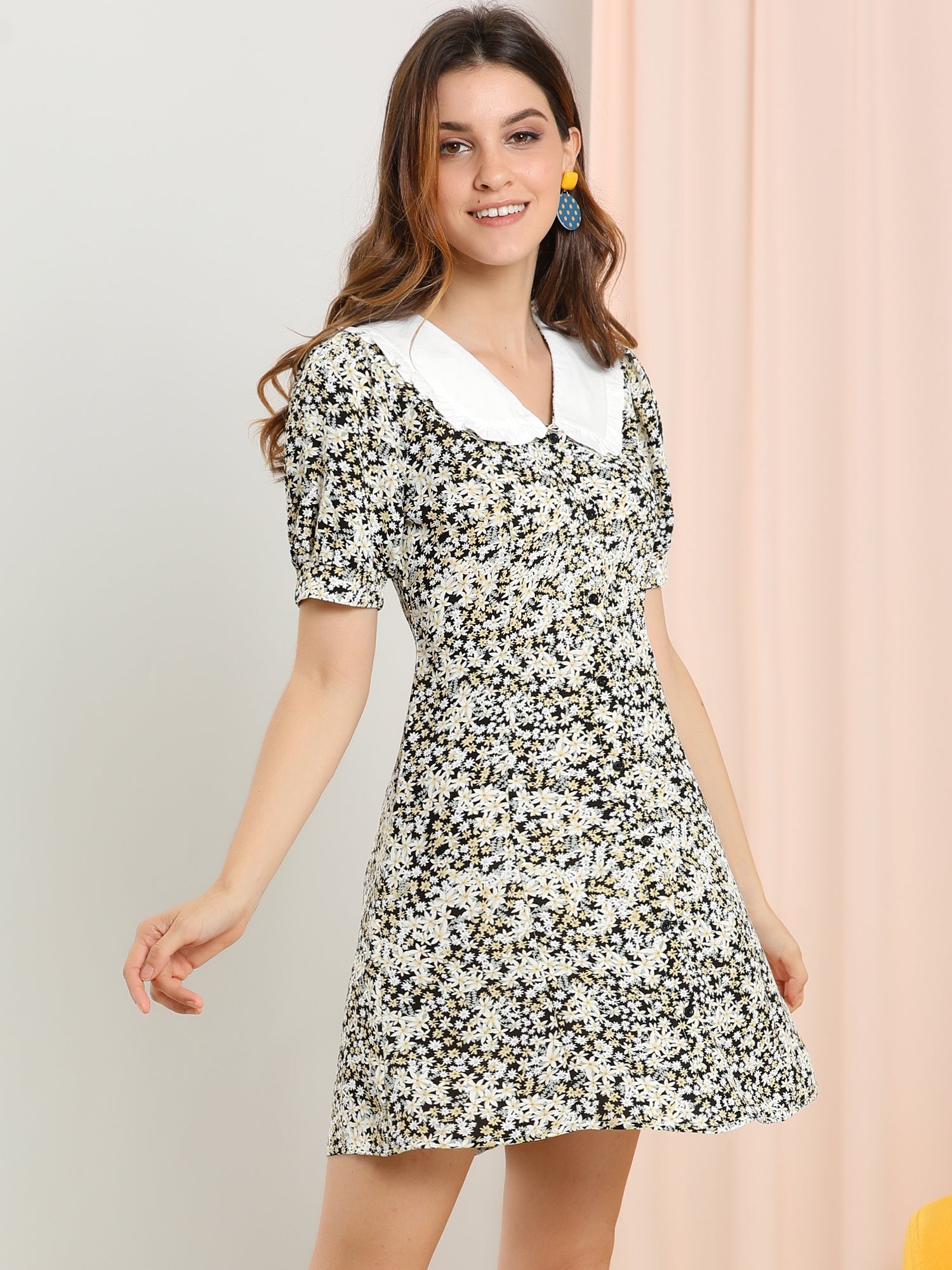 Peter Pan Collar Flowy Short Sleeve Ruffle Summer Floral Shirt Dress