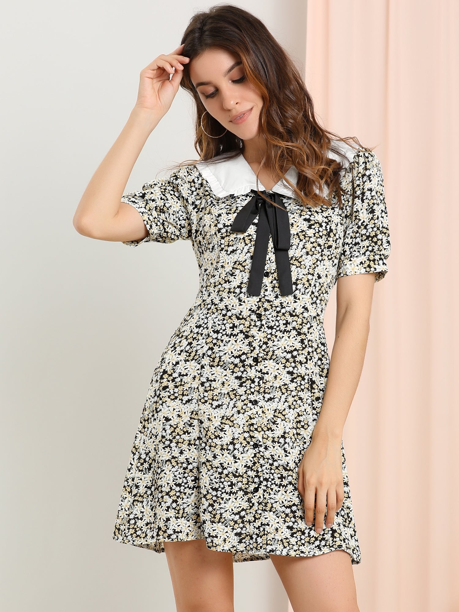 Peter Pan Collar Flowy Short Sleeve Ruffle Summer Floral Shirt Dress