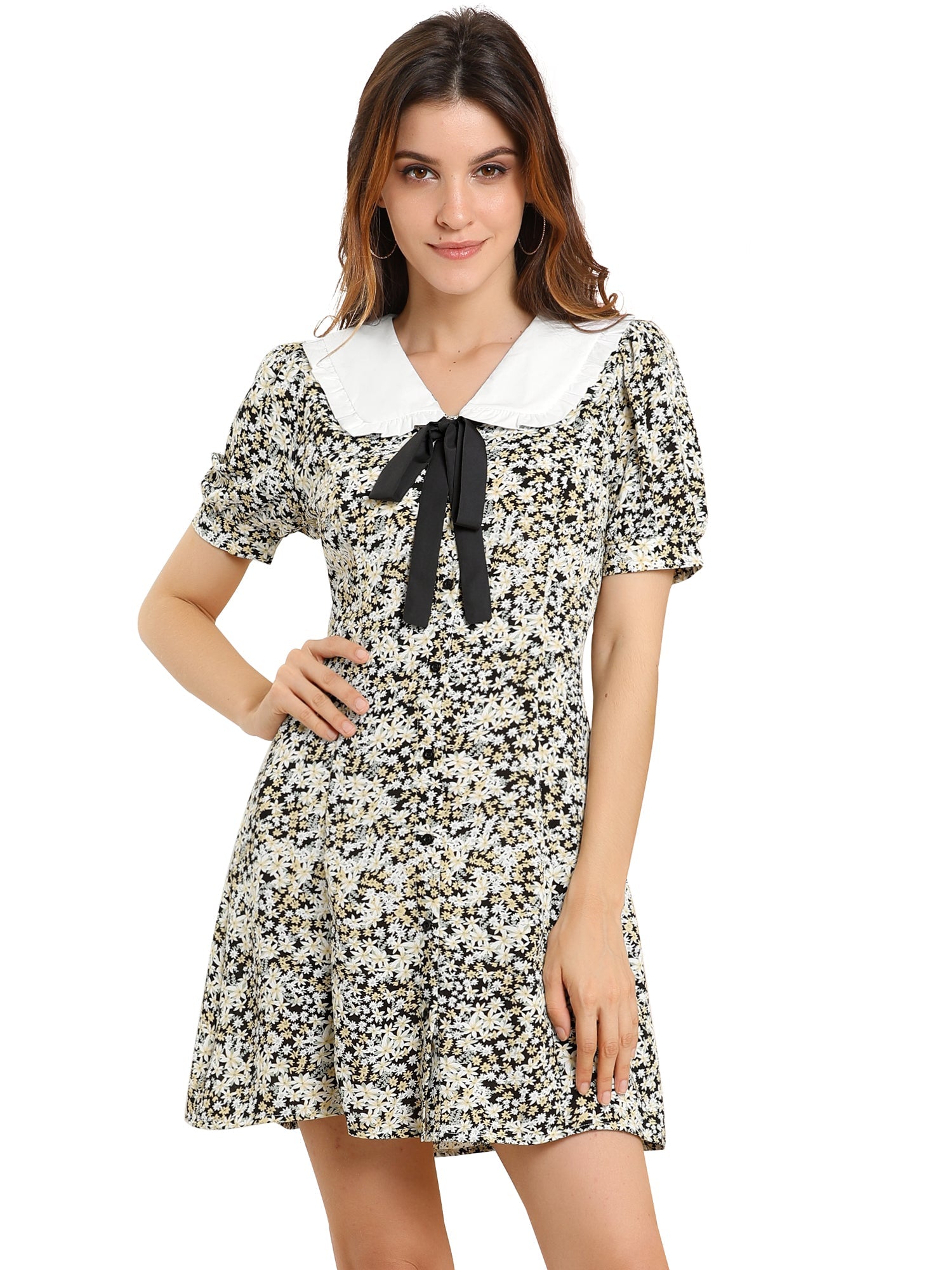 Peter Pan Collar Flowy Short Sleeve Ruffle Summer Floral Shirt Dress