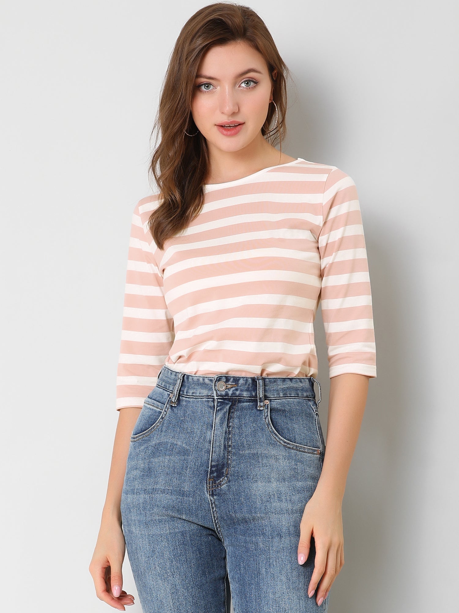 Striped 3/4 Sleeve Round Neck Casual T-Shirt